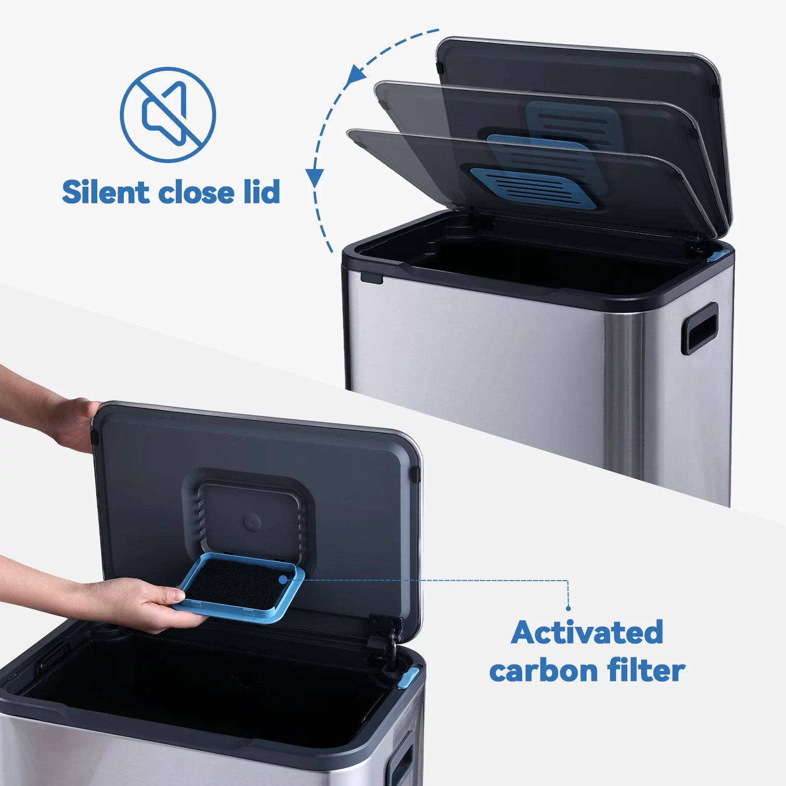 Kitchen Trash Can - ELPHECO - 13.2 Gallon Stainless Steel Garbage Bin with Soft Slow Lid, 50 Liter Pedal Trash Can, Durable Pedal, Removable Plastic Inner Bucket Waste Bin for Office, Kitchen, Outside