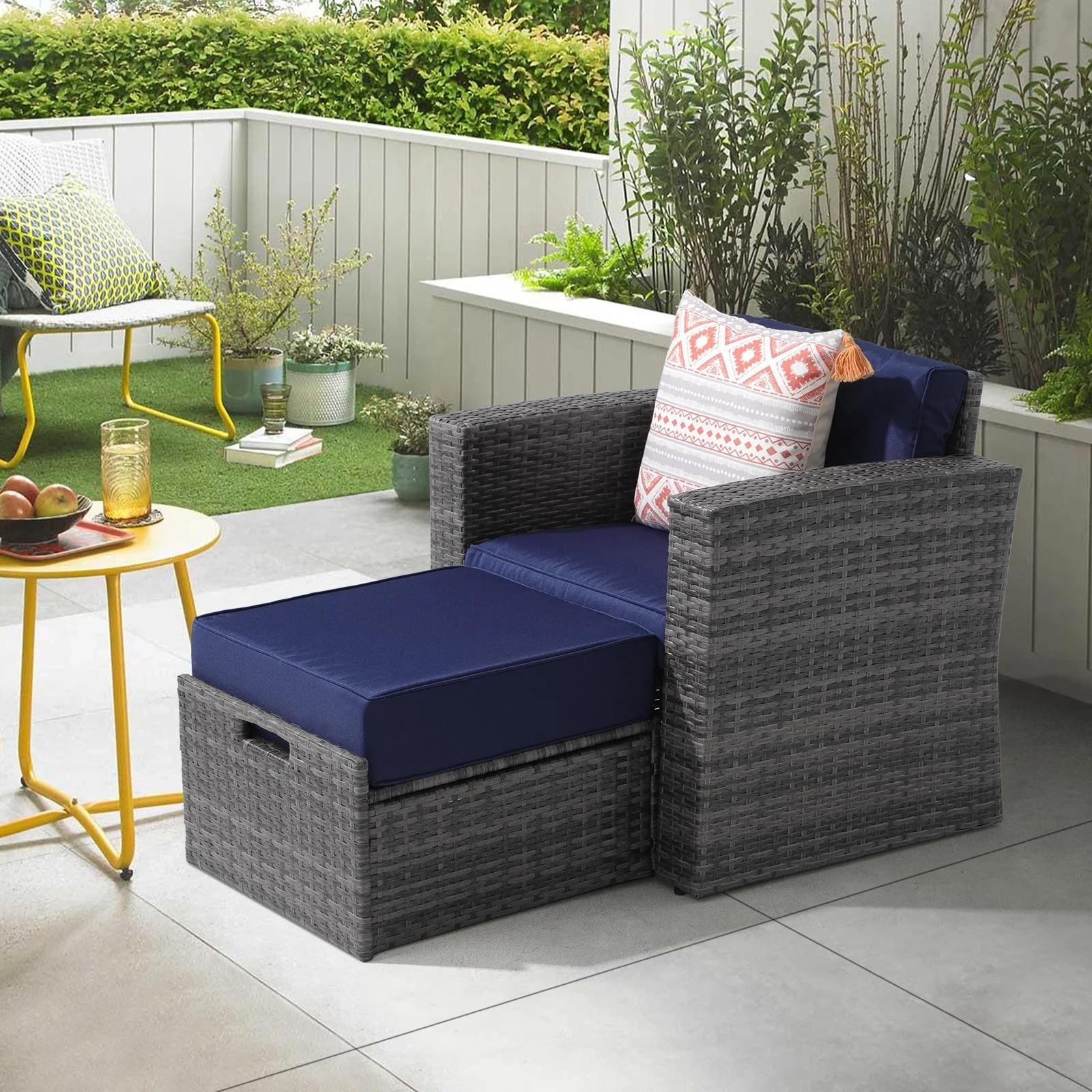 JOIVI Outdoor Wicker Ottoman Set of 2, Patio Wicker Ottoman Set with Thick Cushion, Outdoor Footstool Seat for Yard, Porch, Garden, Lawn, Navy Blue