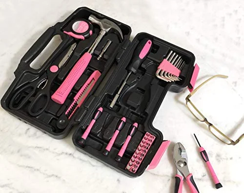 APOLLO TOOLS Original 39 Piece General Household Tool set in Toolbox Storage Case with Essential Hand Tools for Everyday Home Repairs, DIY and Crafts Pink/Black - Pink Ribbon- DT9706P