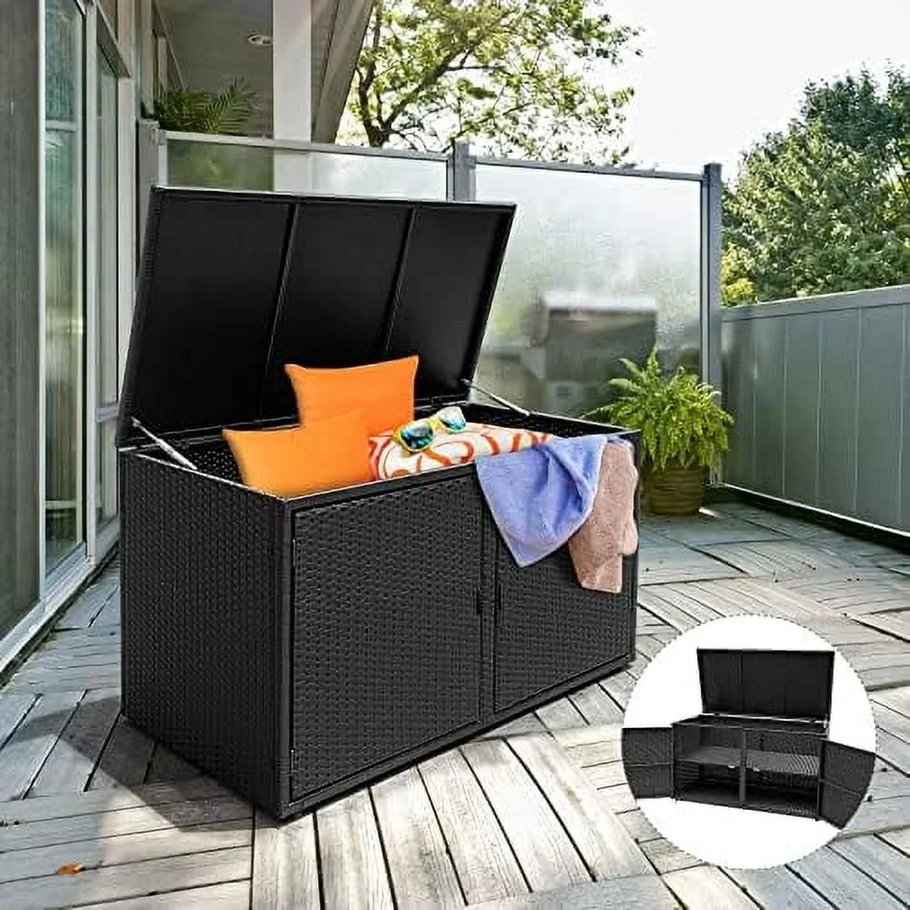 NTTBOBOEC Outdoor Wicker  Box  Garden Deck Bin with Steel Frame  Rattan Pool  Box with Lid  Ideal for Storing Tools  Accessories and Toys  88 Gallon Capacity (Black)