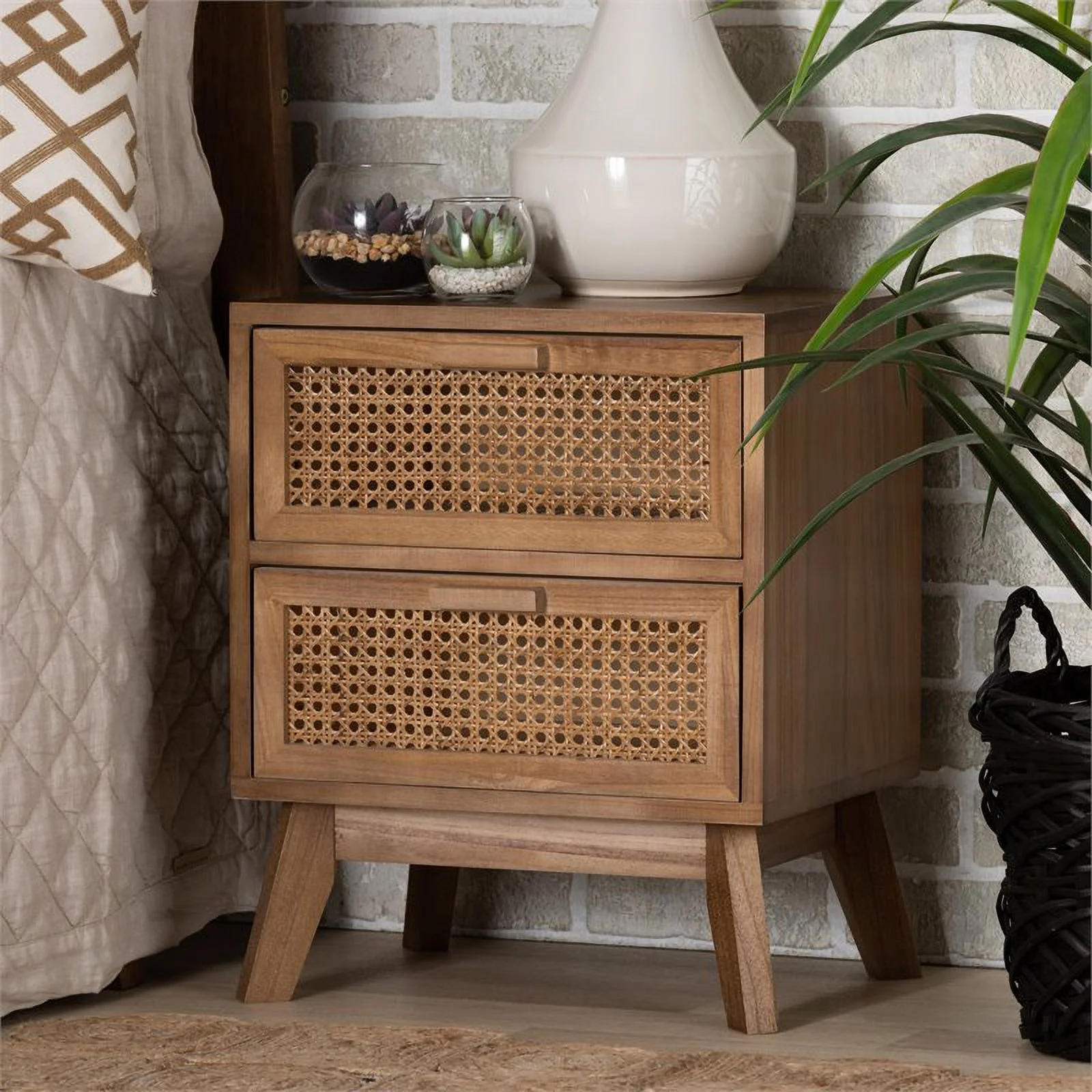 Pemberly Row Walnut Brown Finished Wood 2-Drawer End Table with Rattan