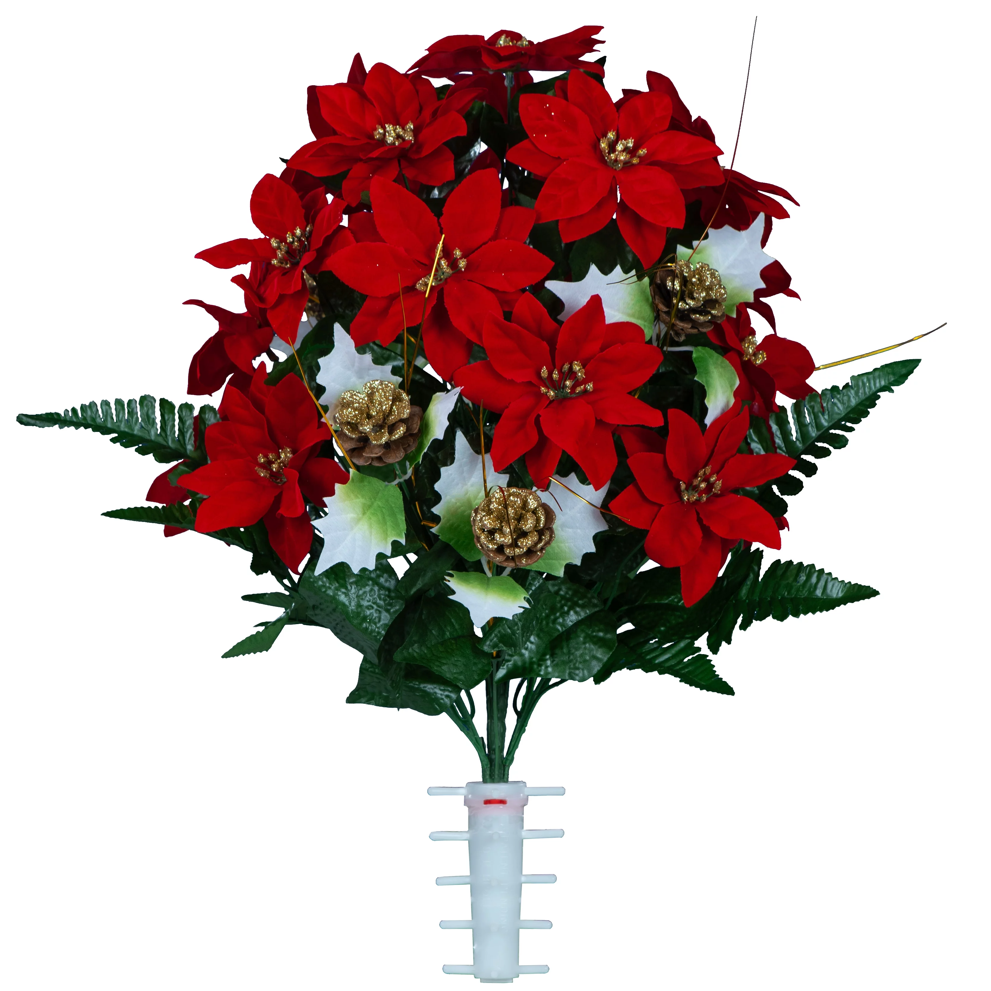 Sympathy Silks Artificial Cemetery Flowers Red Poinsettias with Glitter Pinecones and Holly Bouquet with Vase
