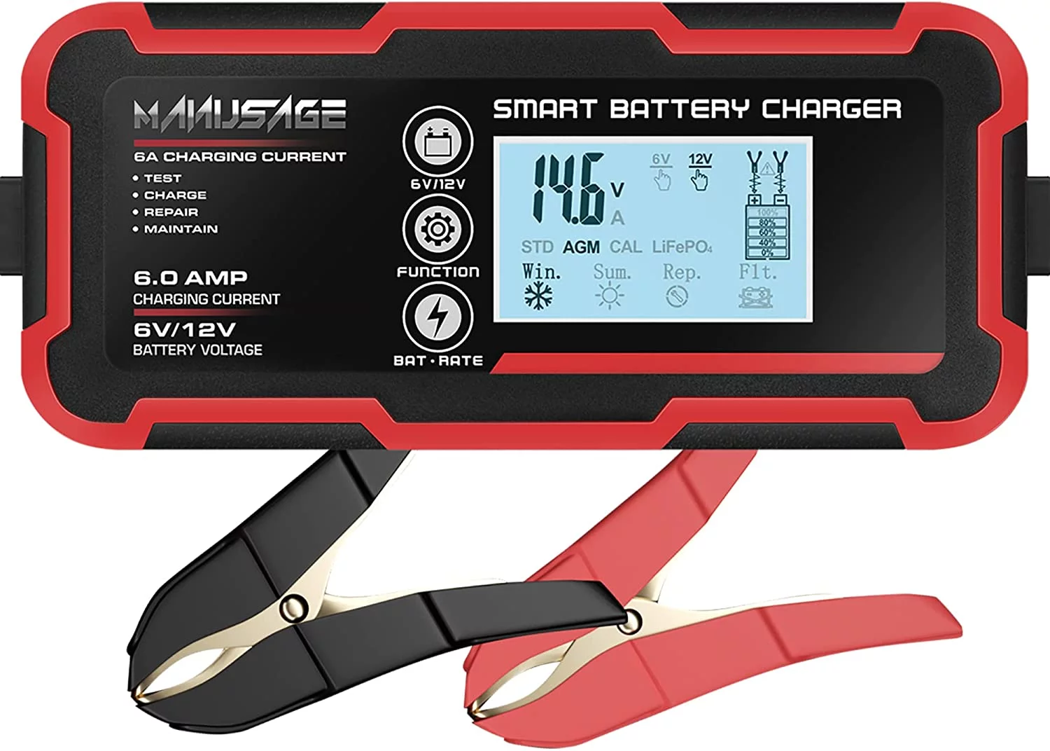 Manusage 6-Amp Fully-Automatic Smart Charger, 6V and 12V Portable Automotive Car Battery Charger, Battery Maintainer, Trickle Charger,Battery Desulfator with Temperature Compensation, AGM,Deep Cycle