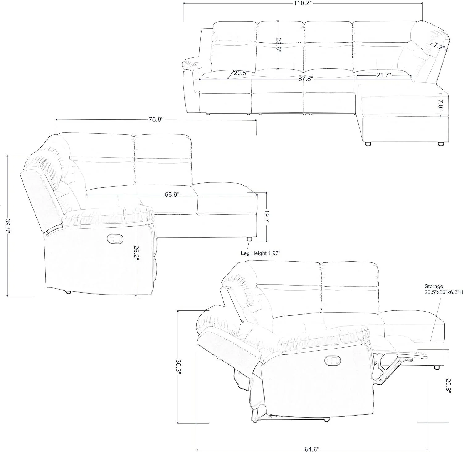 Aukfa Leather Sectional Sofa Couch, 110
