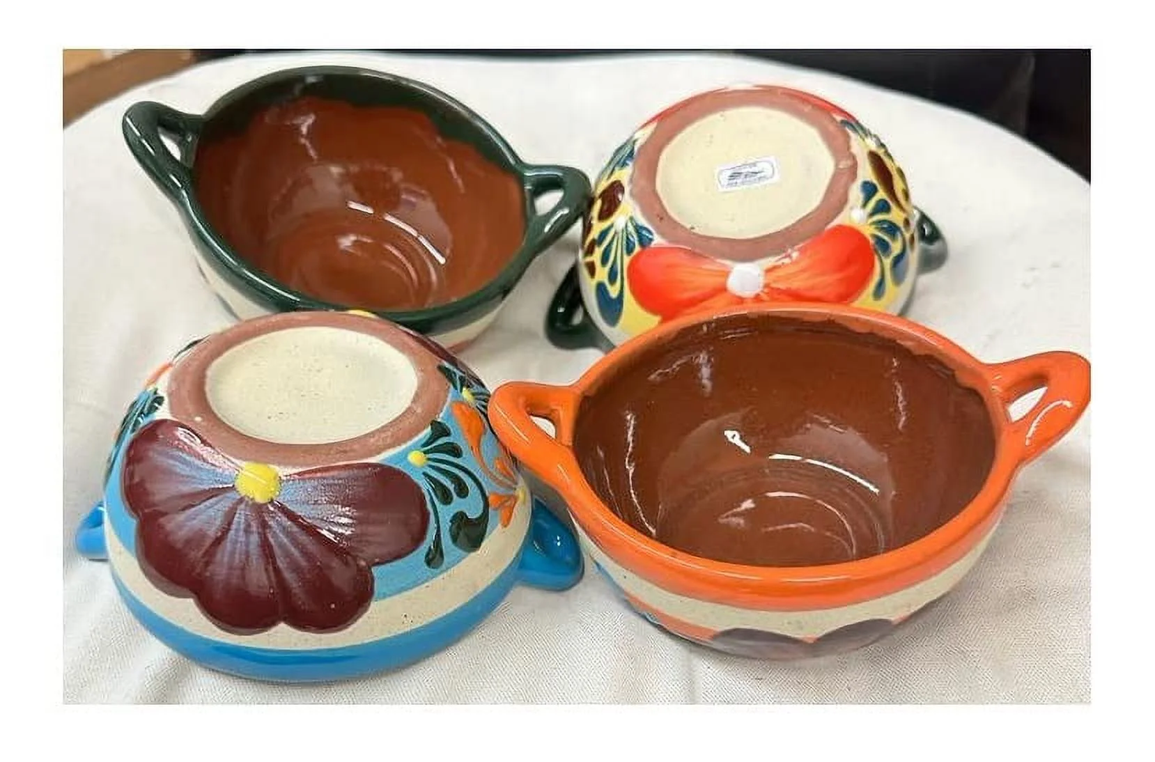 Set of 4 Mexican Salsera Flower design Cazuela Salsero de Barro Bowls Salsa Chips Guacamole Nuts Condiment Server Traditional Clay Party Dish China Engobe Made in Mexico
