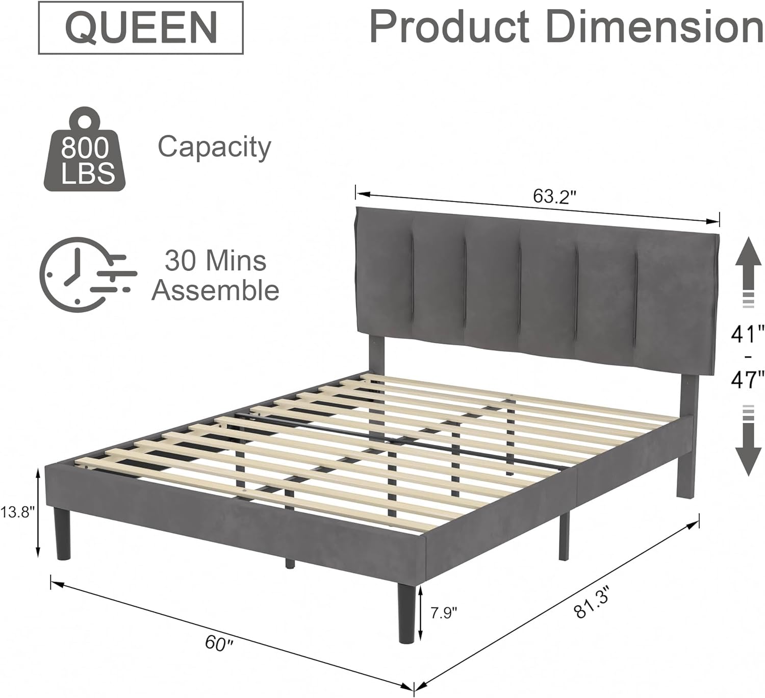 YILAN Queen Size Platform Bed Frame with Adjustable Velvet Upholstered Headboard, Mattress Foundation with Wooden Slats Support, No Box Spring Needed, Noise-Free, Easy Assembly, Dark Grey