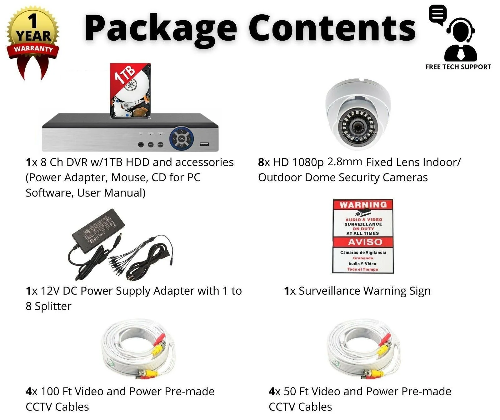 Evertech 8 Channel Surveillance Video Recorder with 8 Indoor/Outdoor 1080p HD Dome Cameras, 1TB Hard Drive for 24/7 Recording and Remote Monitoring