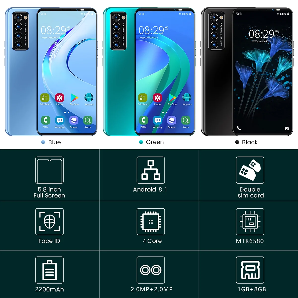 5.8-inch HD+ Ram1Gb+Rom8Gb Reno4 Pro dual SIM 3G smartphone 2200mAh face unlock Android phone Green