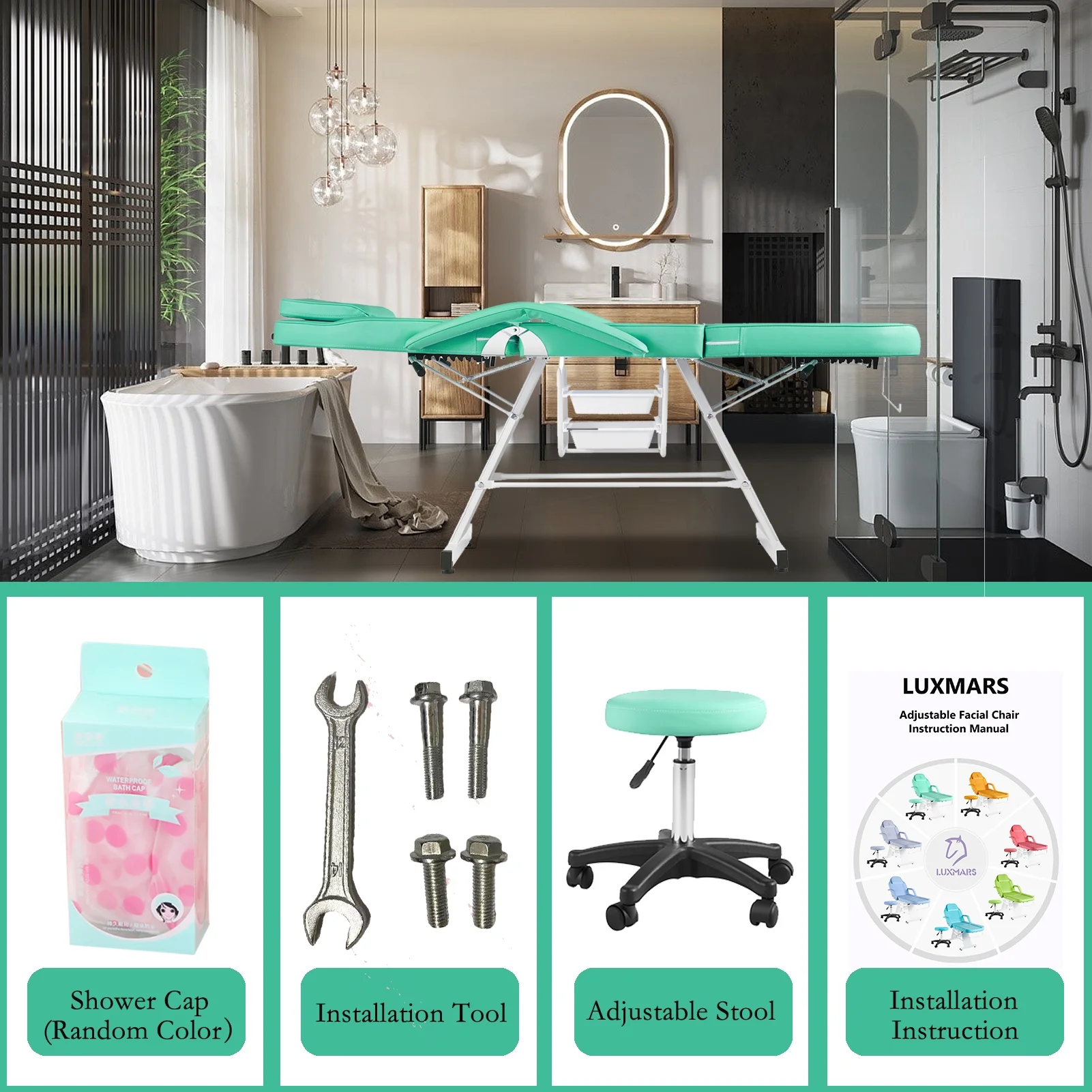 LUXMARS Massage Table Facial Lash Bed with Storage for Eyelash Extensions Salon Tattoo Chair with Stool，Light Green