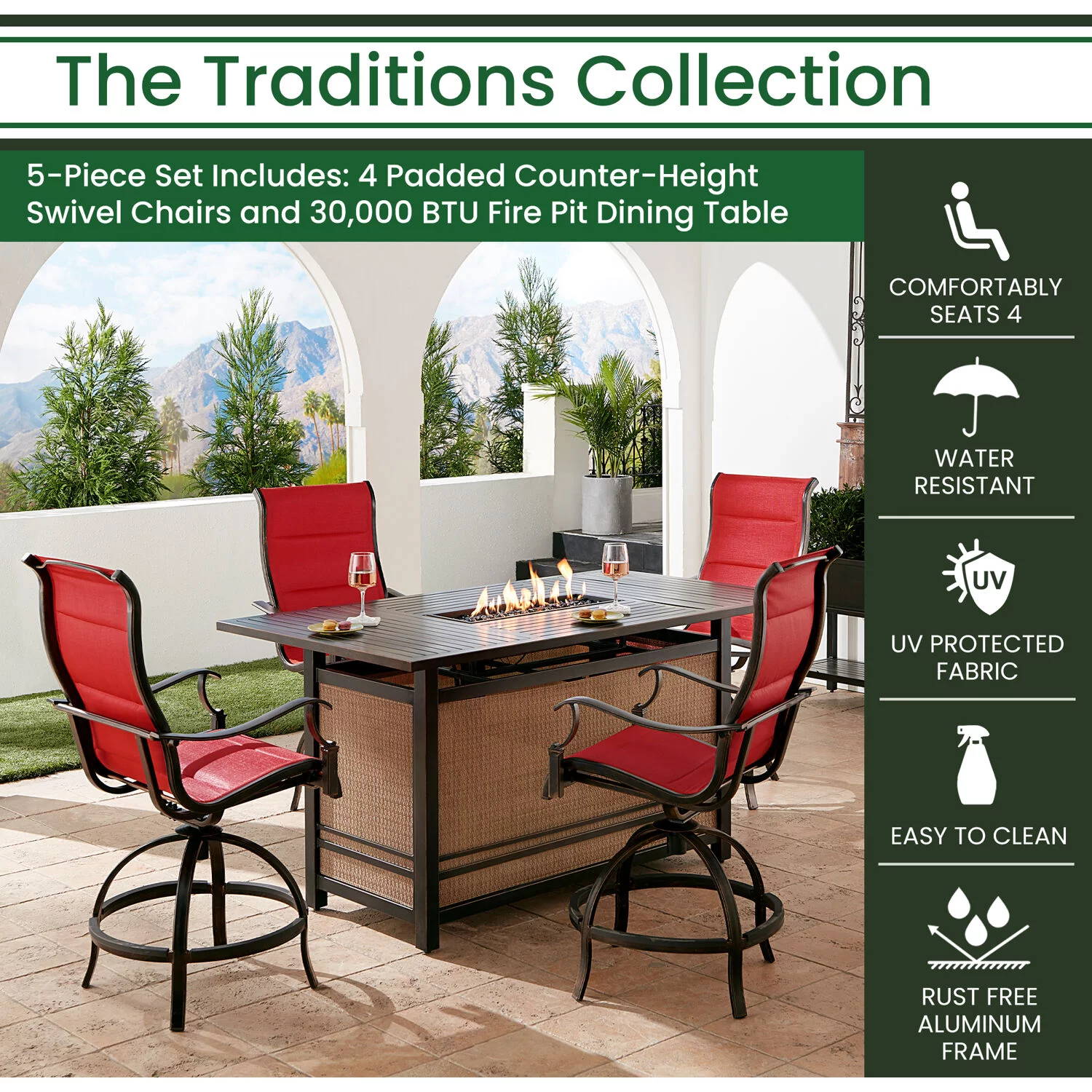 Hanover Traditions 5-Piece Outdoor High Dining Fire Patio Set, 4 Counter-Height Padded Sling Swivel Chairs and Slat-Top Gas Fire Pit Aluminum Table, Brushed Bronze Finish, Rust-Resistant, All-Weather