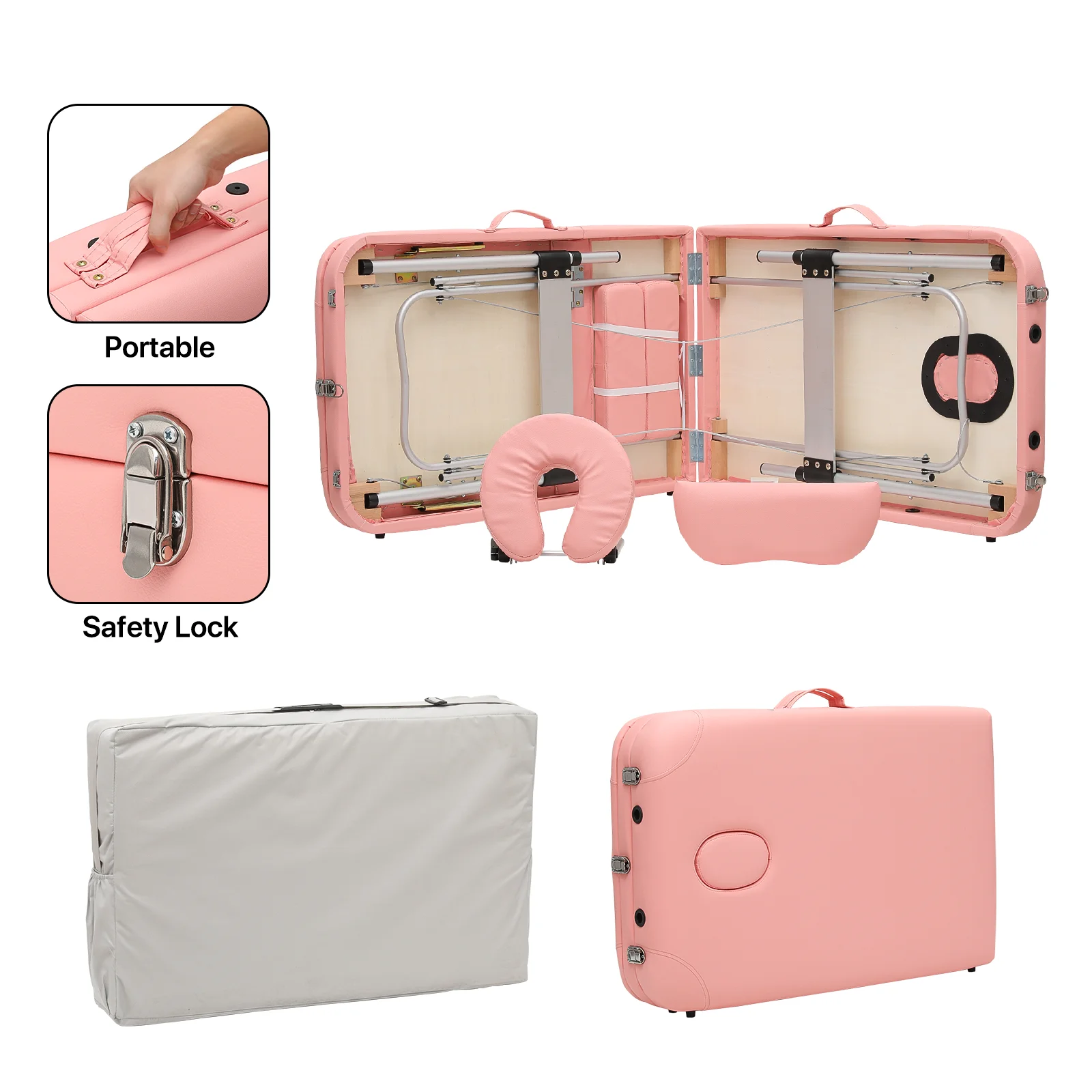 MoNiBloom Foldable Massage Table, Aluminum Alloy Height Adjustable Physiotherapy/Stretching//Tattoo/Salon/Spa/Treatment Bed with Three Fold and Carry Bag, Hold Up to 500Lbs, Pink