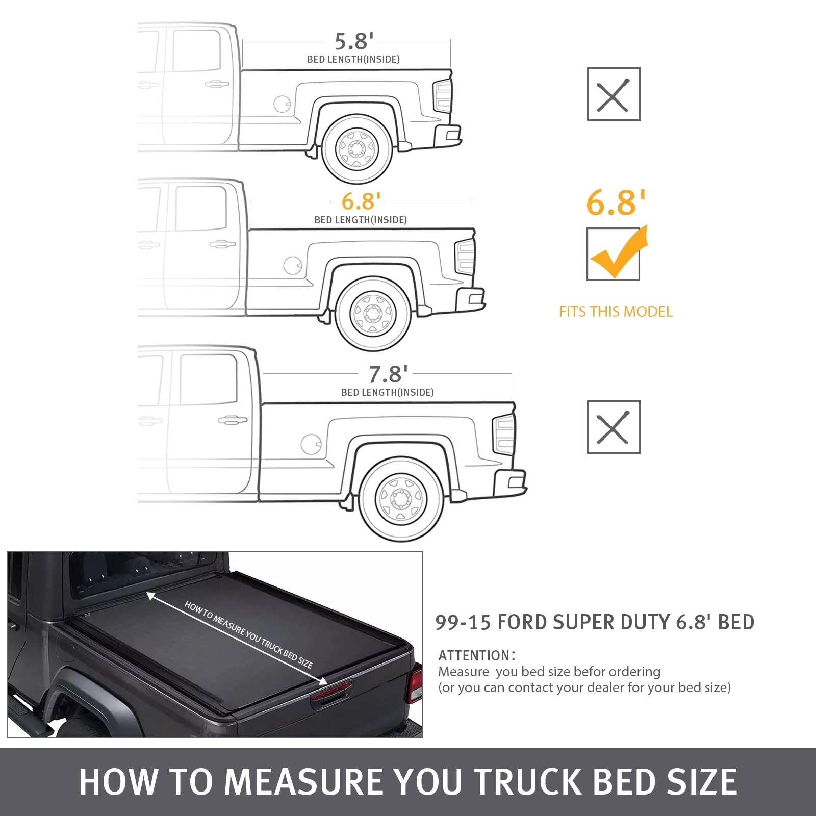 XTWEEX Soft Roll Up Truck Bed Tonneau Cover Fits 1999-2016 Ford F-250 F-350 F-450 Super Duty Styleside 6.8ft Bed Black