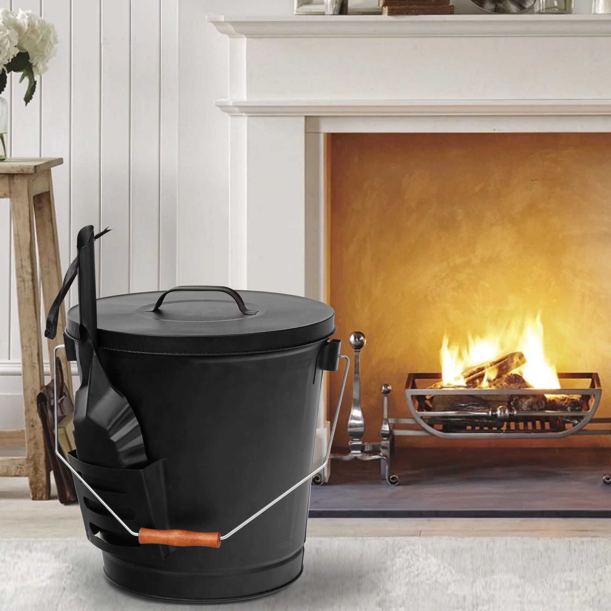 HomGarden 5.15Gal Large Ash Bucket W/ Lid & Shovel, Coal Pail for Fireplace Wood Burning, Black