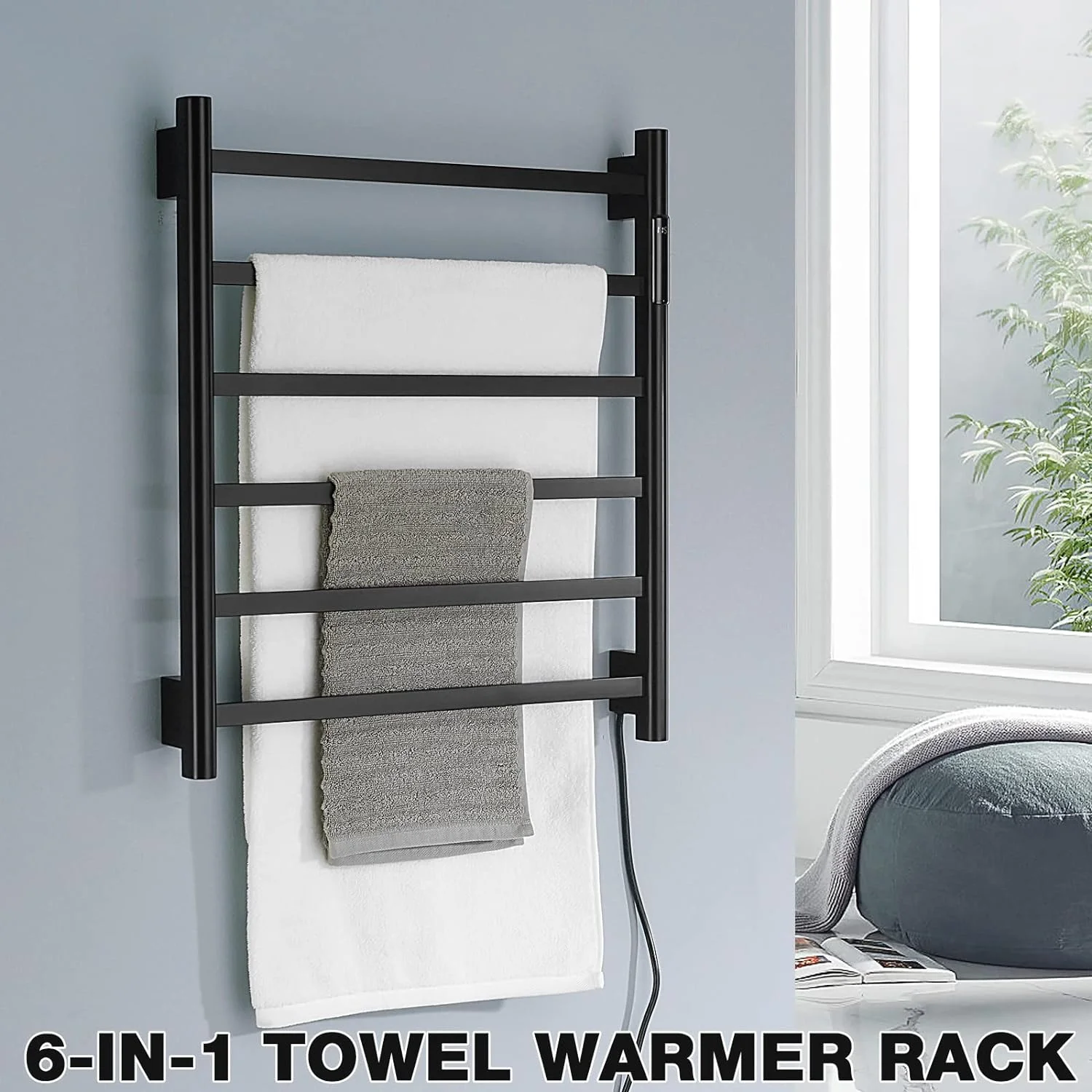 HAOFEI Towel Warmer with Built-in Timer and Temperature LED Indicator Bathroom Wall Mounted Plug-in Electric Towel Heated Rack, Matte Black