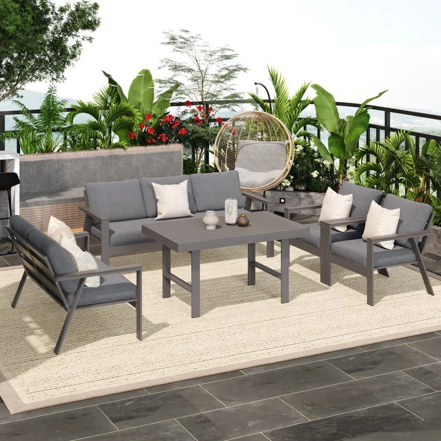 7 Seat Aluminum Patio Furniture Set, Modern Outdoor Sofa with Water-Resistant Cushions, Metal Patio Conversation Set with Dining Table for Balcony, Front Porch, Backyard, Grey