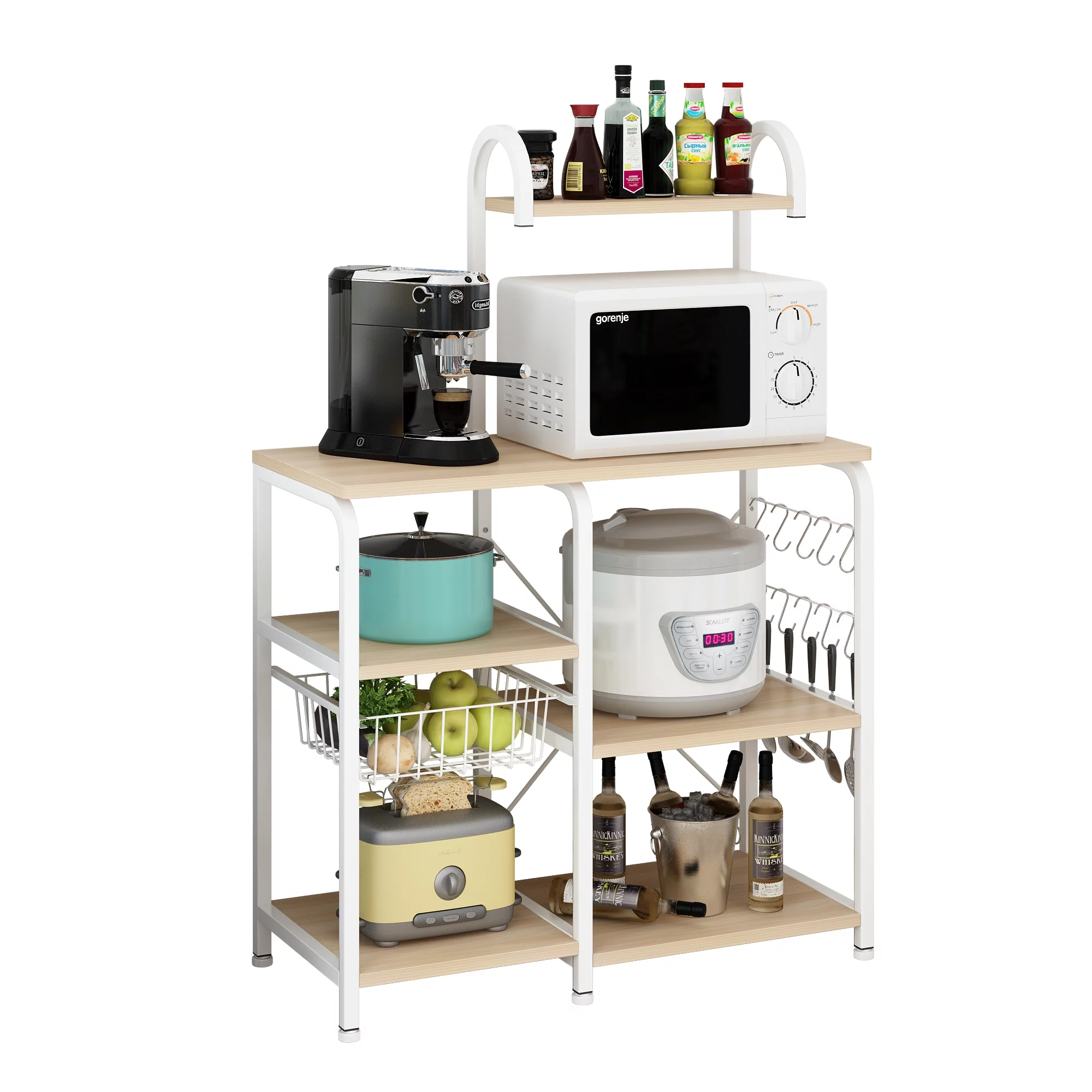 UBesGoo 4-Layer Baker's Rack, Kitchen Microwave Oven Stand, Coffee Bar with Hutch, Free Standing Kitchen Utility Cart with Drain Basket, Spice Rack & 10 Hooks for Living Room, Light Beige