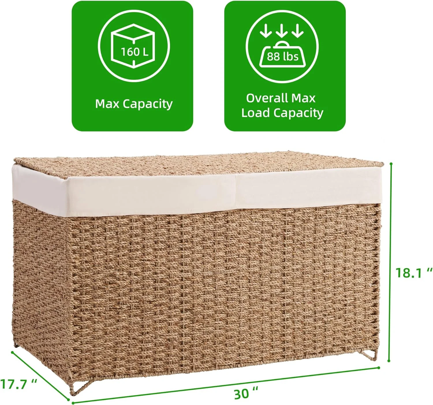 Double Laundry Hamper with Lid - 160L (42 Gallon) Natural Seagrass Hand Woven Clothes Toy Storage Basket with 2 Section Removable Liner, Foldable Rattan Hamper Trunk for Bathroom, Bedroom