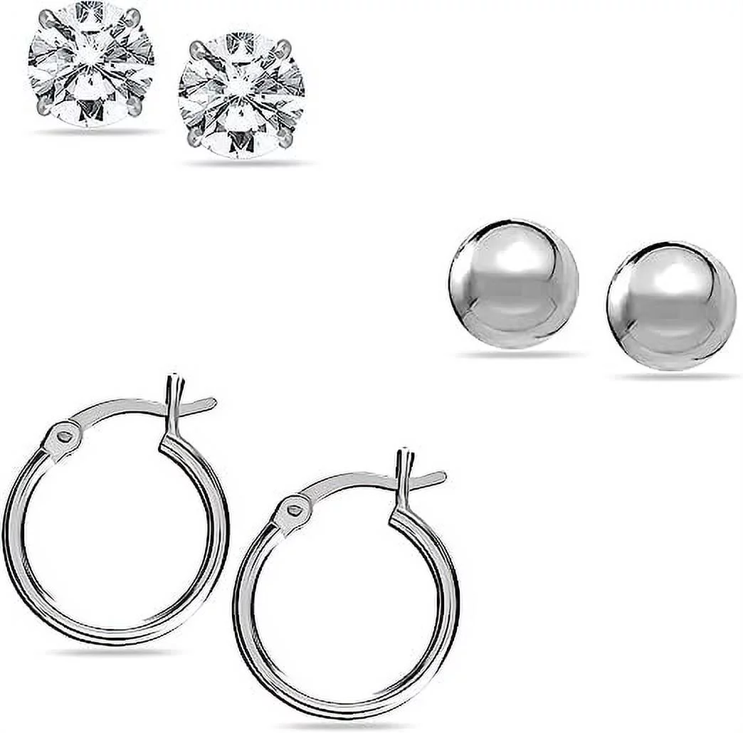 LeCalla 925 Sterling Silver Set of 3 Pairs Light-Weight SMALL Click-Top Hoop Earrings Italian Design Cubic Zirconia Simulated Pearl Stud Earrings Gifts for Women and Teen Girls (5MM, 5MM, 15MM)