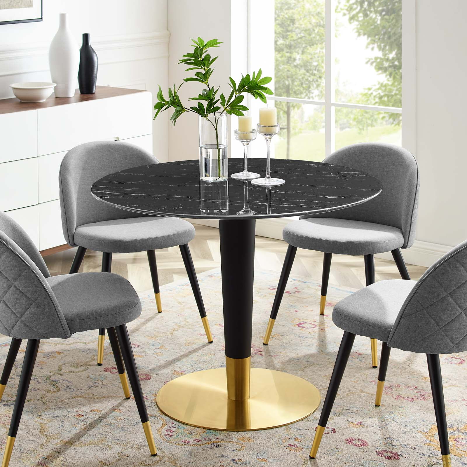 Dining Table, Round, Artificial Marble, Metal Steel, Gold Black, Modern Contemporary Urban Design, Kitchen Room Cafe Bistro Restaurant Hospitality