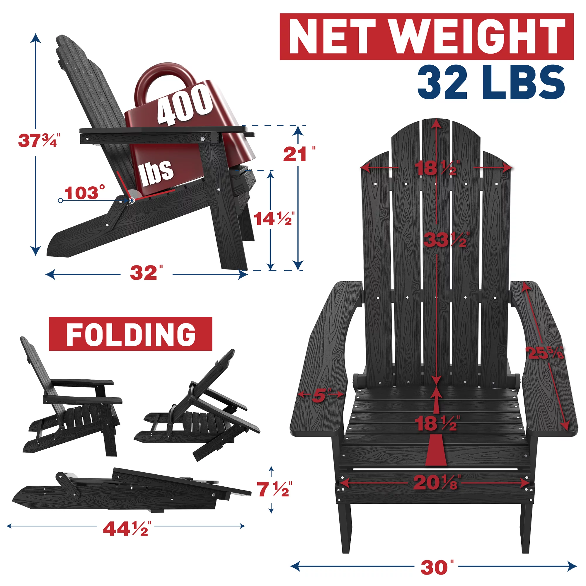 Folding Adirondack Chair Plastic Weather Resistant, Outdoor Chair, Patio Chairs, Lawn Chair, Patio Seating（Set of 4）