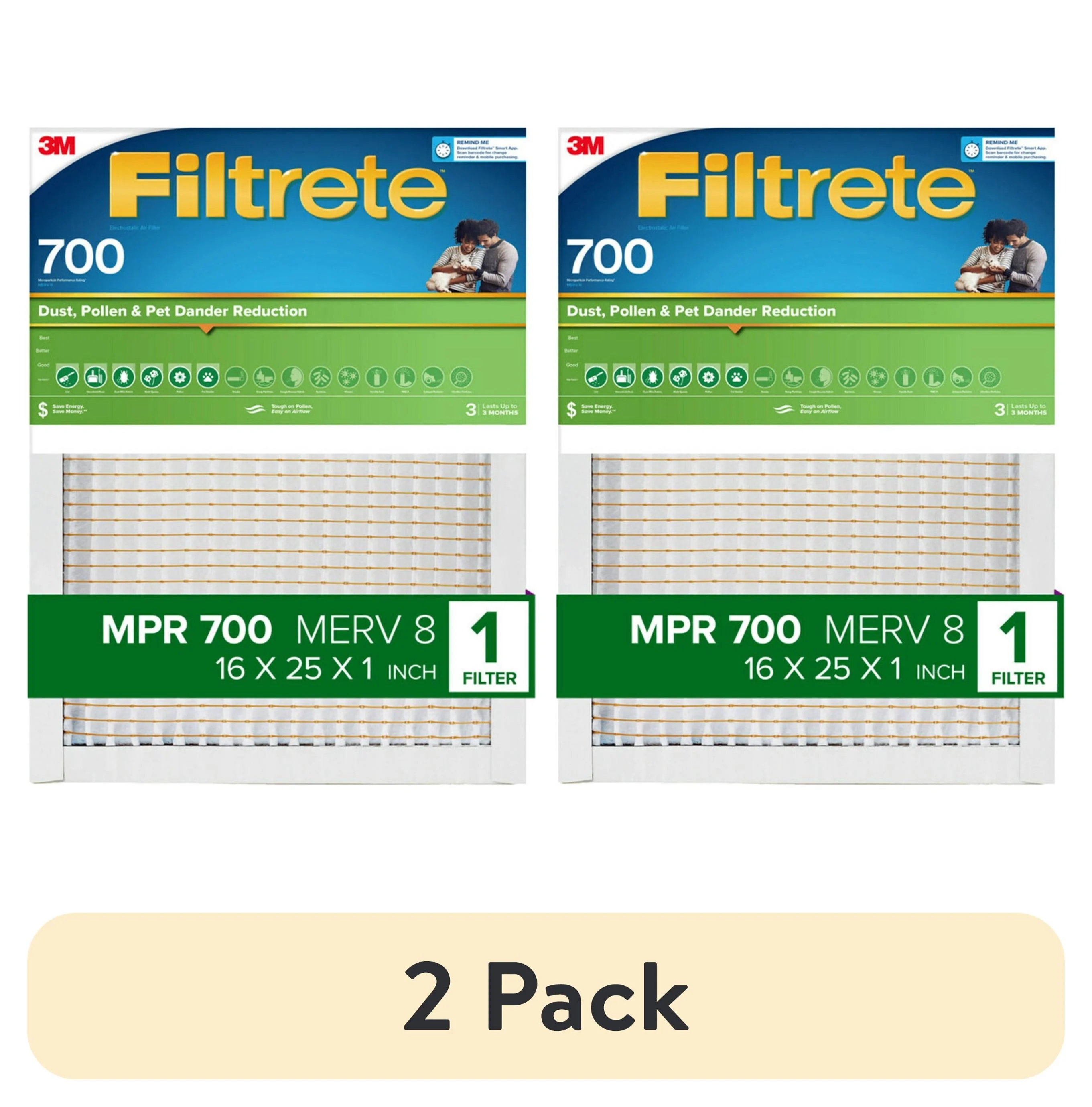 (2 pack) Filtrete 16x25x1 HVAC Filter, MPR 700 MERV 8, Dust, Pollen, and Pet Dander Reduction, 1 Air Filter