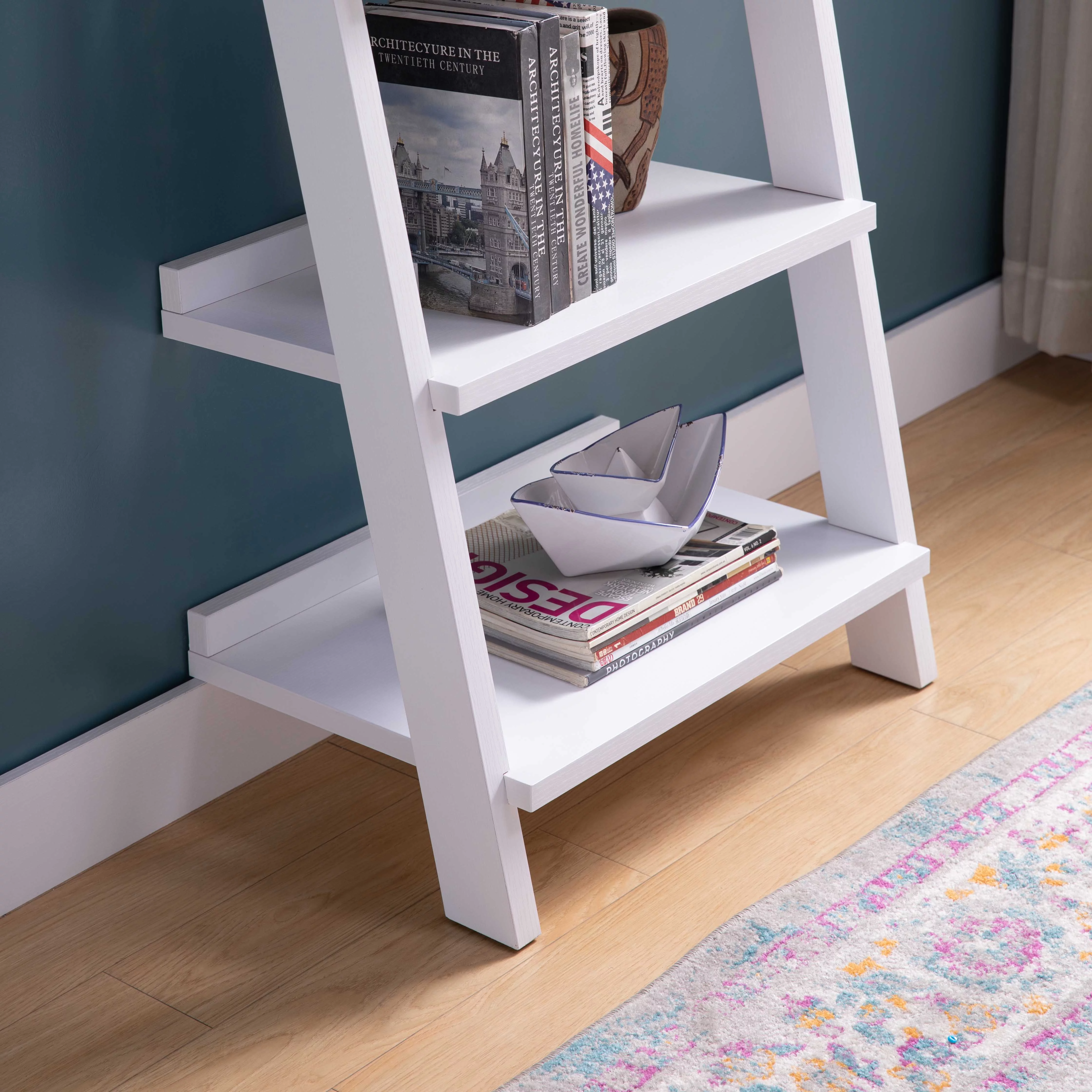 White Finish 5 Tier Wooden Ladder Bookshelf, Shelf Leaning Open Shelves Bookcase