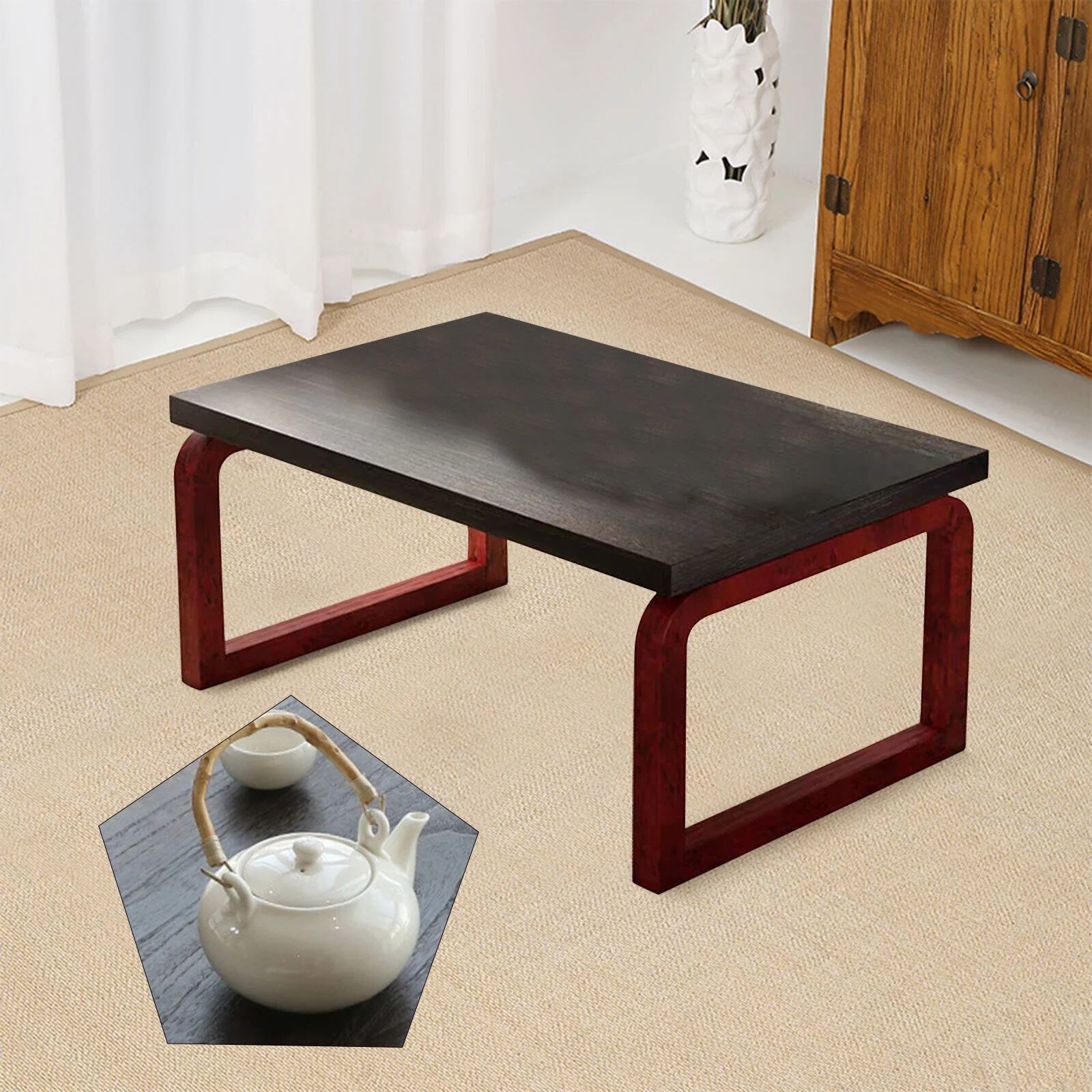 ZhdnBhnos Brown Wooden Folding Coffee Table Low Tea Table Portable Foldable Picnic Table Snack Breakfast Serving Table Laptop Desk