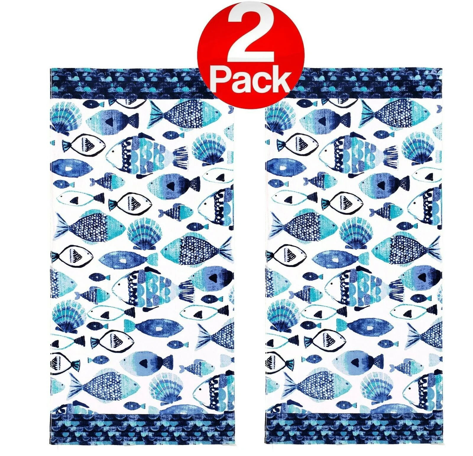 Kaufman- 2 Pack Fish Kids Beach Towel 100% Cotton, Color Blue, Pool Towel 30'' x 60