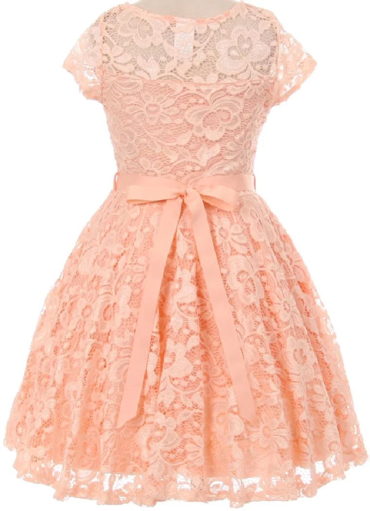 Lovely Floral Lace Rhinestones Skater Party Easter Flower Girl Dress for Big Girl Peach 10 JK19.88S BNY Corner