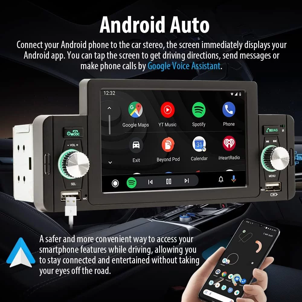 THONZER 5 Inch Single Din Car Stereo Built-in CarPlay/Android Auto/Mirror-Link, Touchscreen Radio Receiver with Bluetooth 5.1 Handsfree and 12LED HD Backup Camera, FM USB Audio Video Player