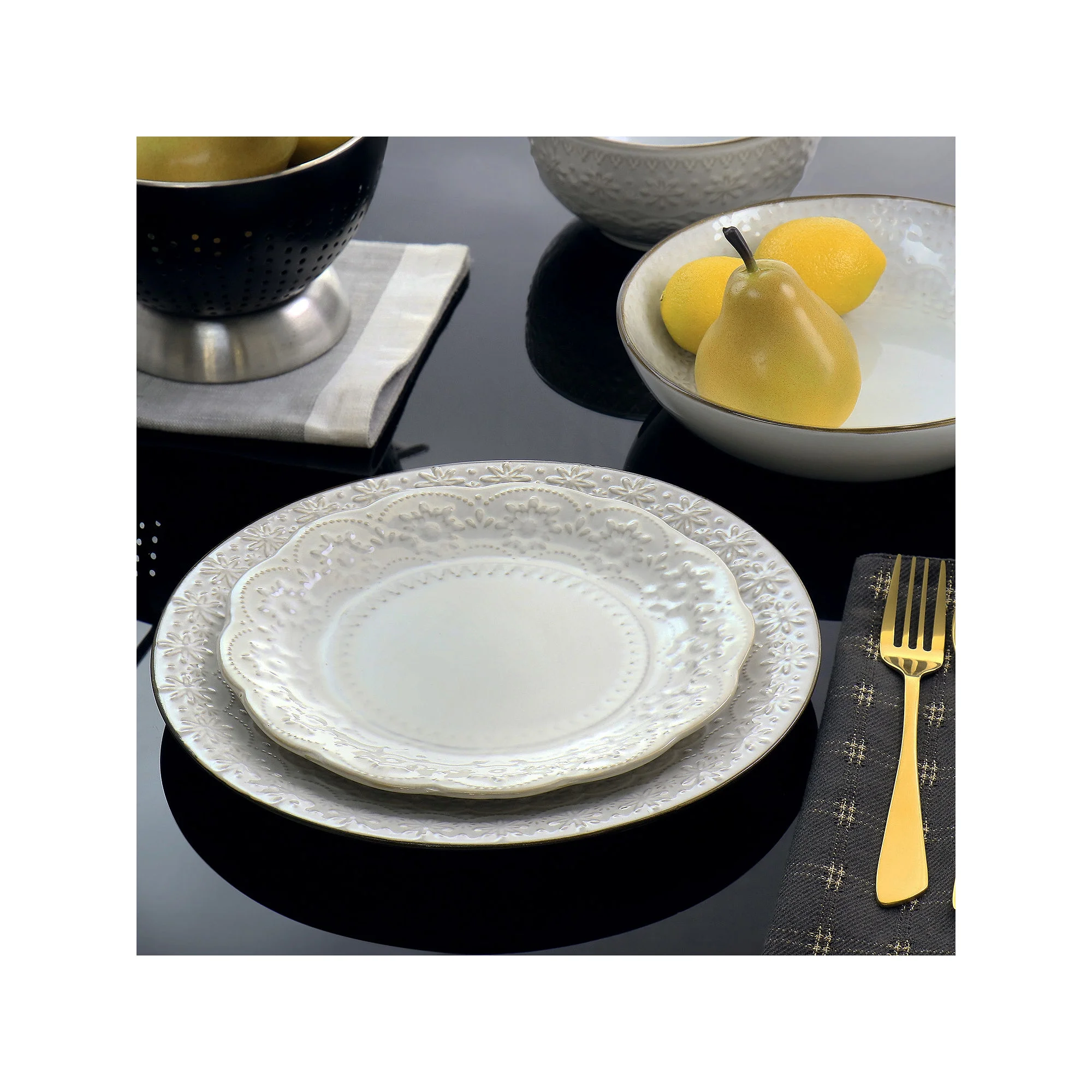 Elama Countess 16 Piece Embossed Double Bowl Stoneware Dinnerware Set in Ivory
