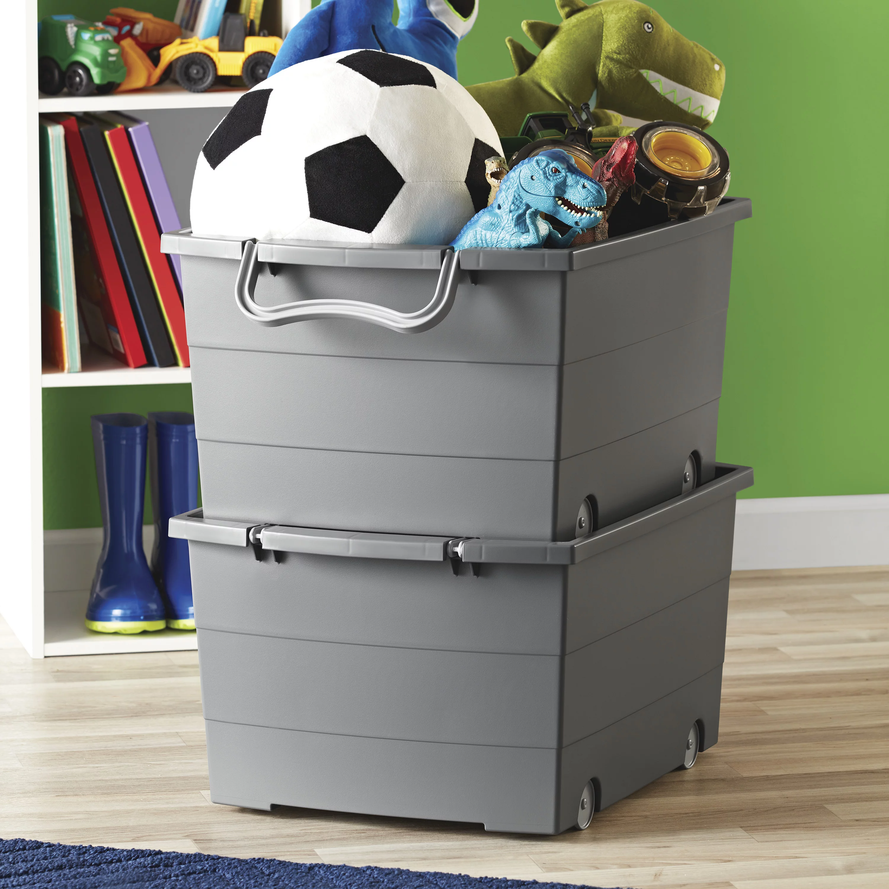 Your Zone Wheeled Stacking Bin Plastic, Gray Flannel, Set of 2