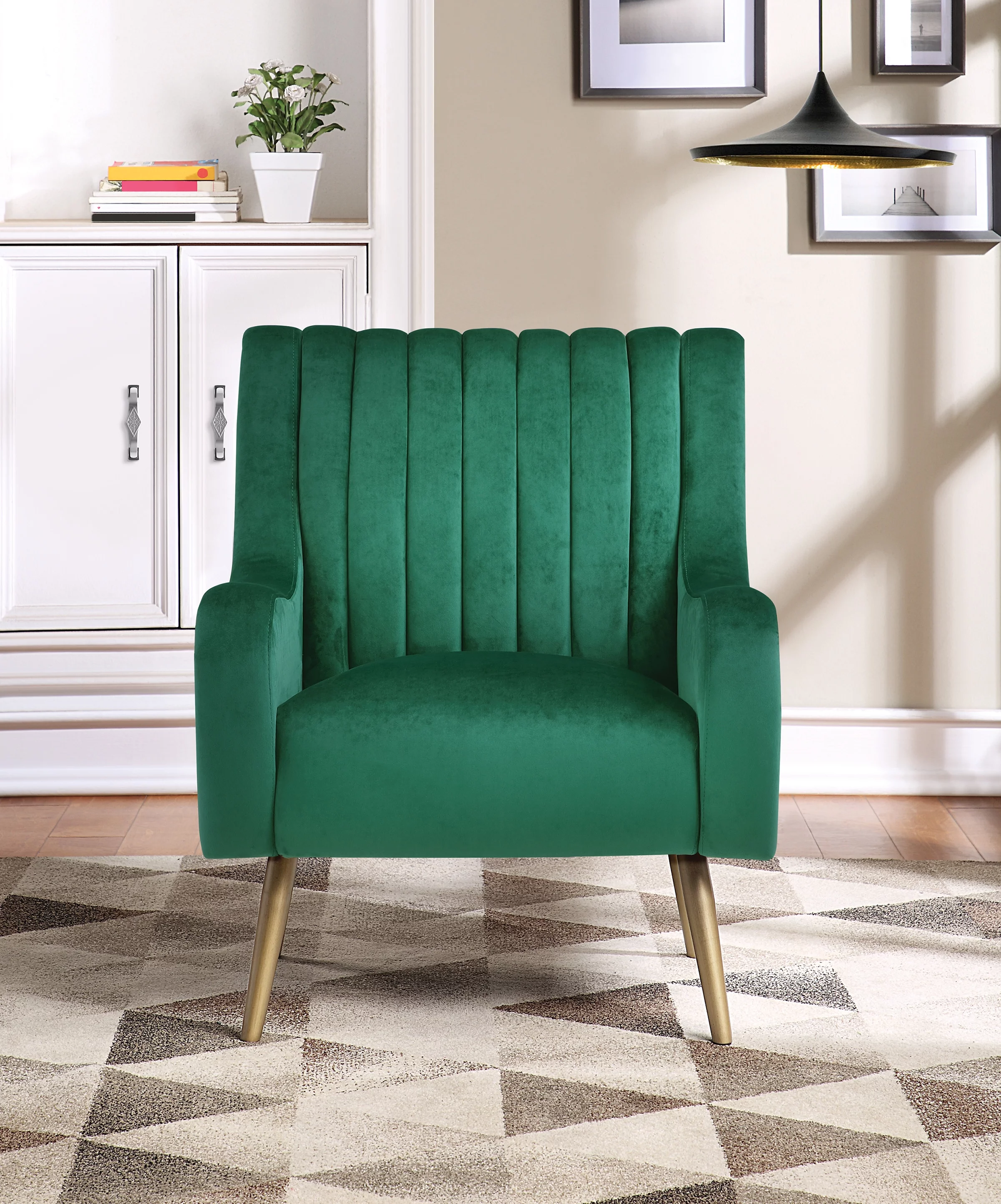 OSP Home Furnishings Cassia Velvet Armchair in Midnight Green Velvet Fabric and Gold Brushed Legs