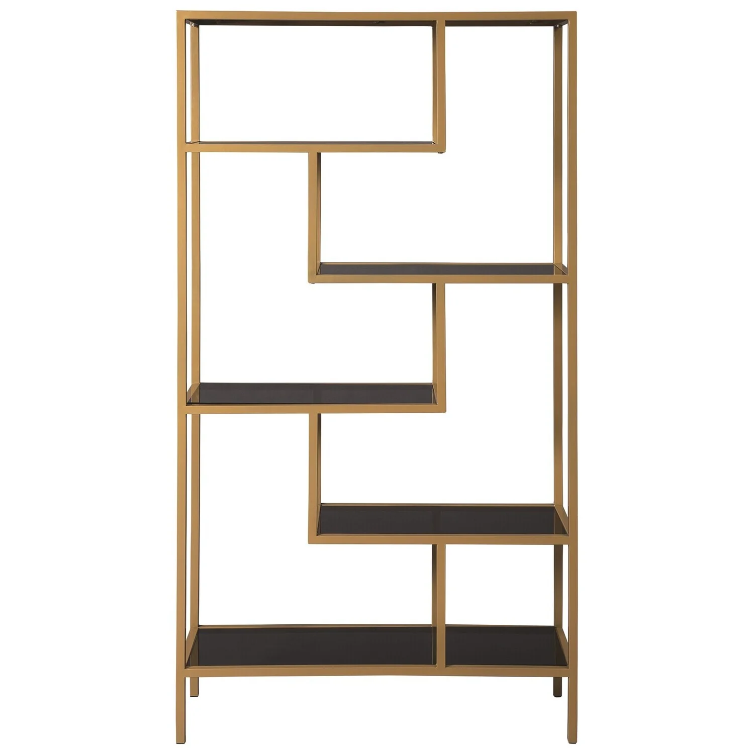 Maykoosh Modern Marvel Metal Frame Bookcase With 5 Tiered Display Glass Shelves, Gold And Black