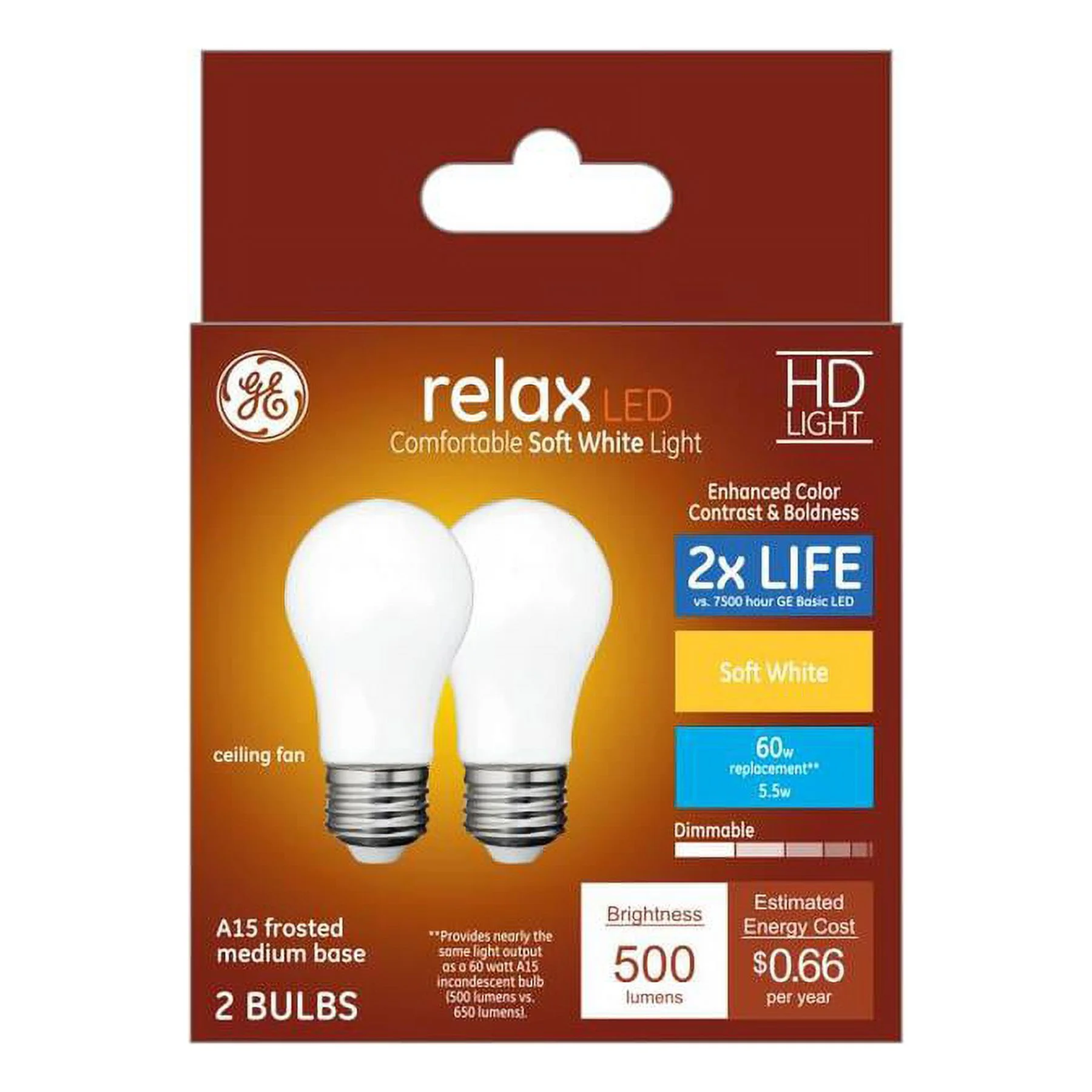 GE Relax 2-Pack 60 W Equivalent Dimmable Soft White A15 LED Light Fixture Light Bulb