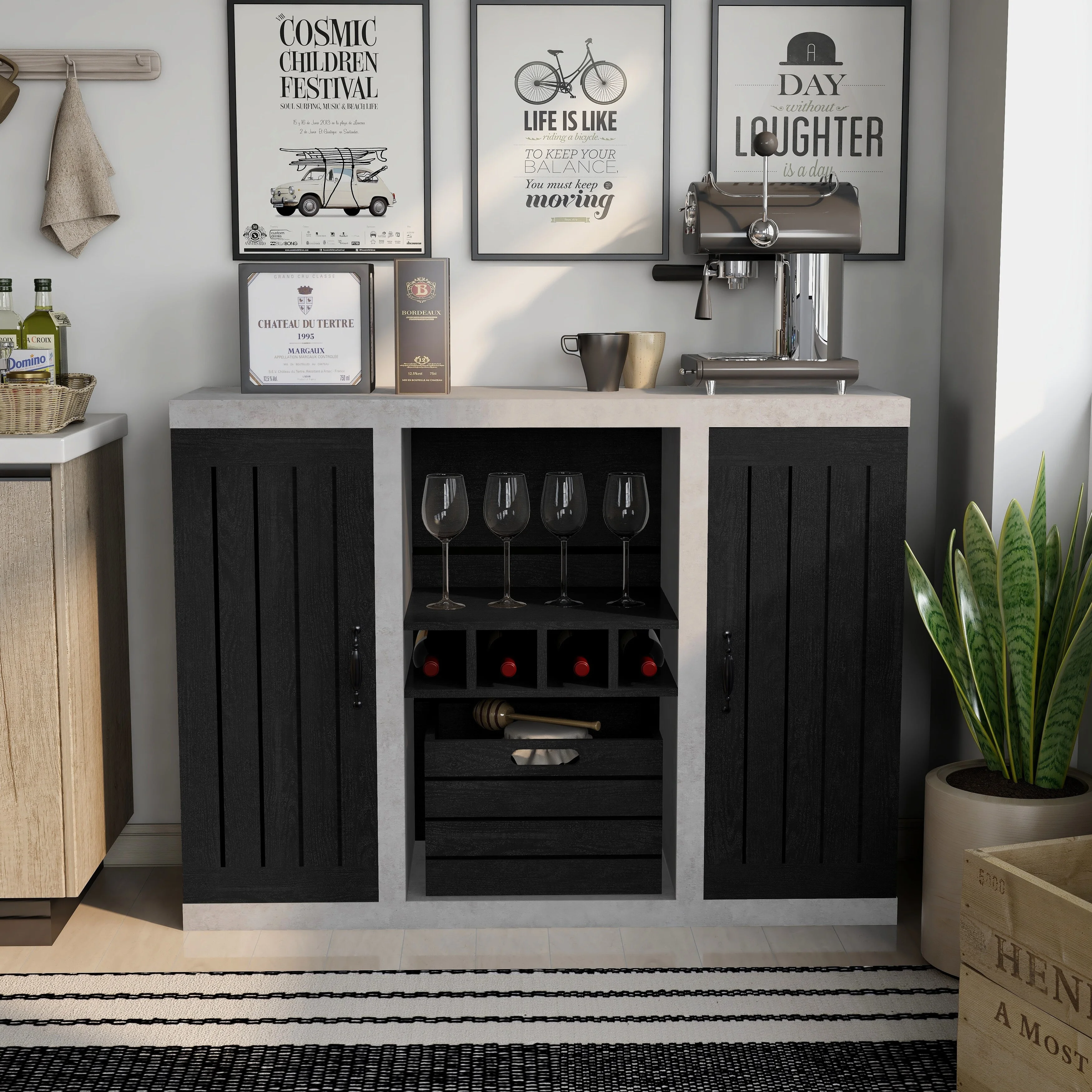 Furniture of America  Xole 47-in. Rustic 7-shelf Sideboard Black/Cement 47.25