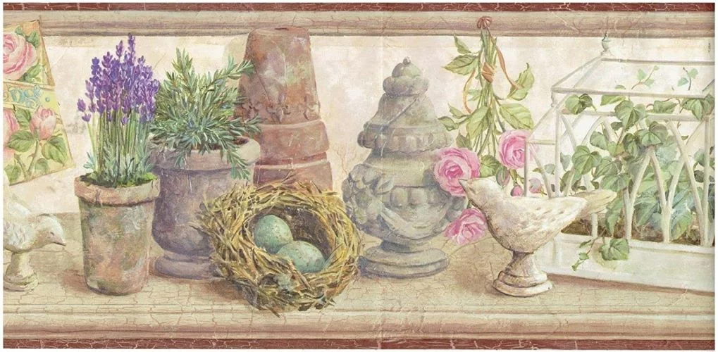 Concord Wallcoverings Wallpaper Border Garden Pattern Plants Flowers Pots Nest Bird Figurines for Cottage Farmhouse, Brown Beige Green Pink Purple, 8.25 Inches by 15 Feet DW95052B