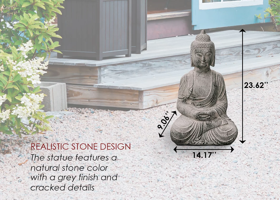 XBrand Indoor Outdoor Polyresin Meditating Sitting Buddha Zen Statue, 23.6 Inch Tall, Grey
