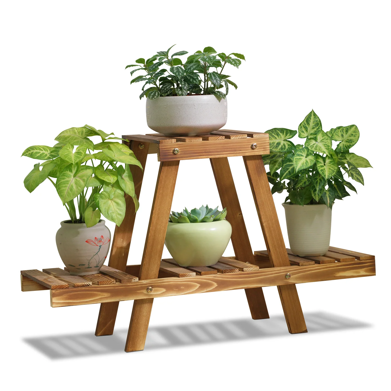 MoNiBloom Wood 2 Tiers Modern Plant Stand, Flower Storage Shelf Rack, Carbonized, for Garden
