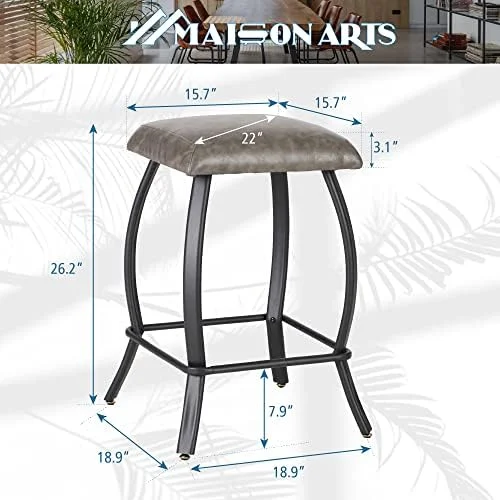 xrboomlife Counter Height  Stools Set of 2 for Kitchen Counter 26" Backless Modern Barstools Industrial Upholstered Faux Leather Stools Farmhouse Island Chairs  Fixed Black Seat