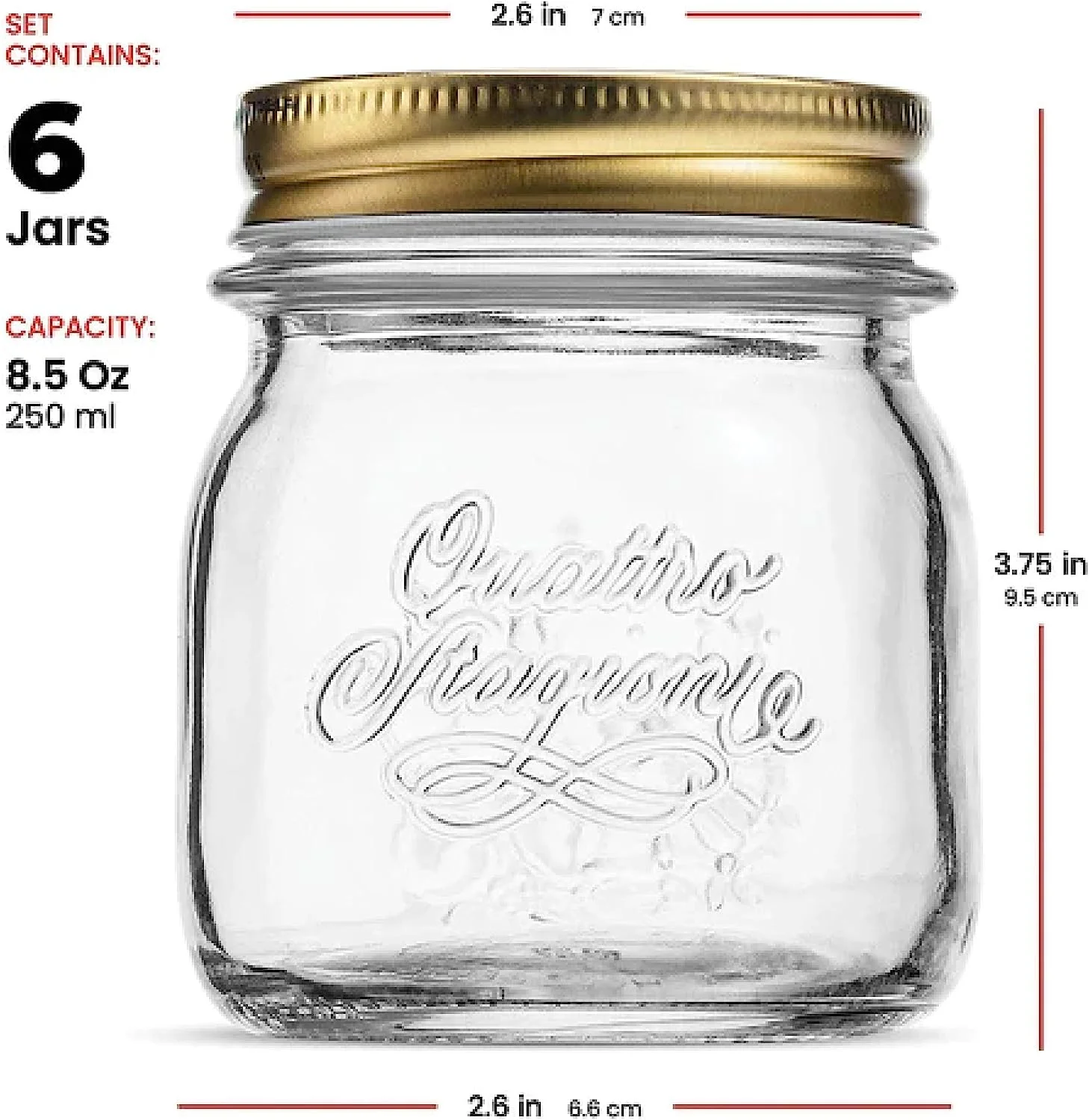 Bormioli Rocco Quattro Stagioni Set of 6 Clear Airtight Mason Jars, 8.5 Oz. Made from Food Safe Durable Glass, Made in Italy