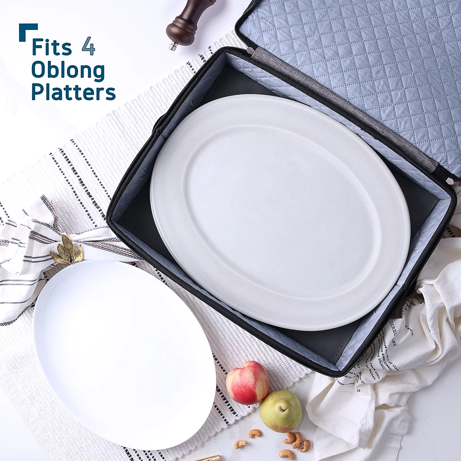 Hearth & Harbor Dinnerware Storage Container for Platter Sets, Securely Padded Gray Platter Storage
