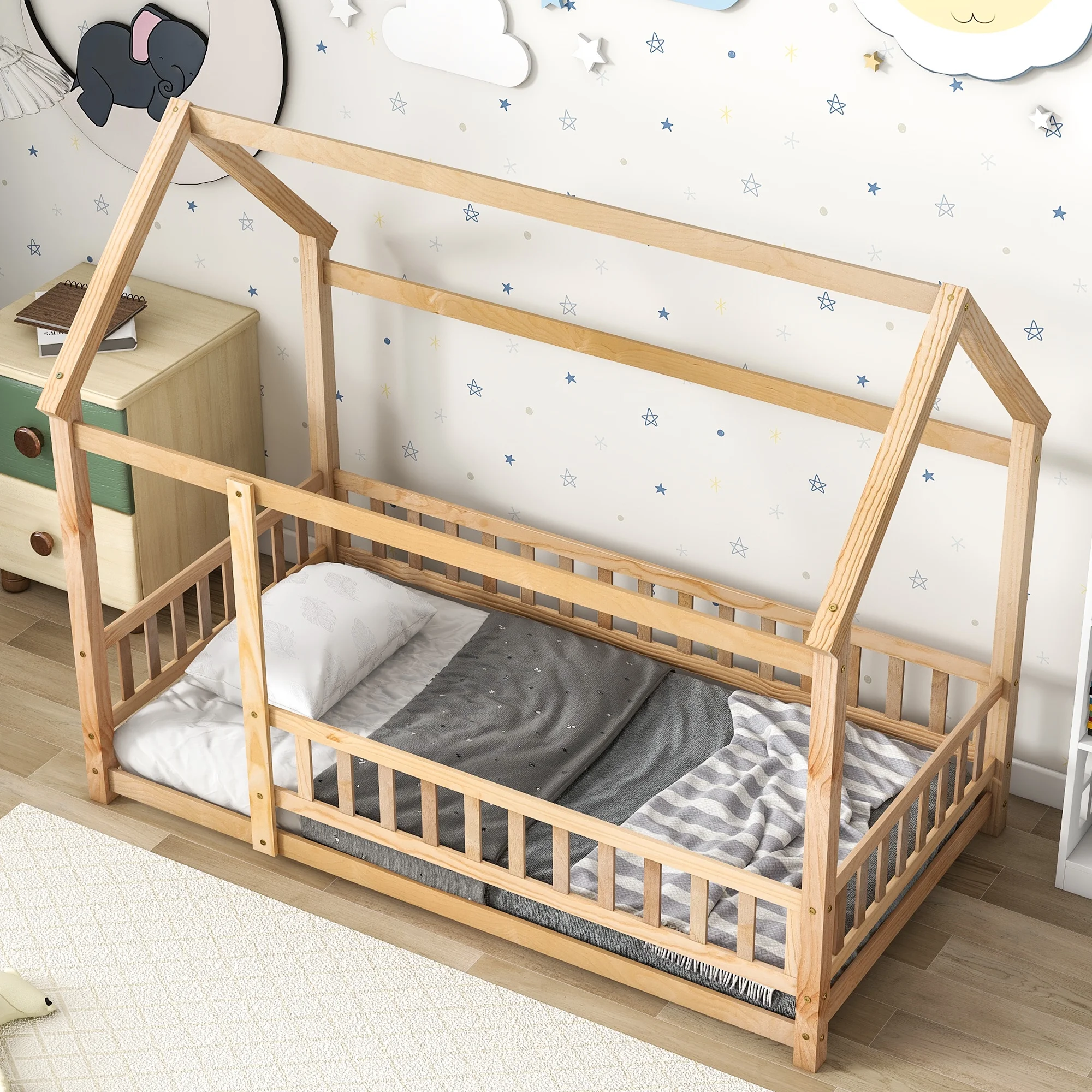 Roxona Twin Floor Bed for Kids, Wood Twin Size Roof House Bed Frame with Fence, Montessori Toddler Bed for Kids Girls Boys Teens (Natural)