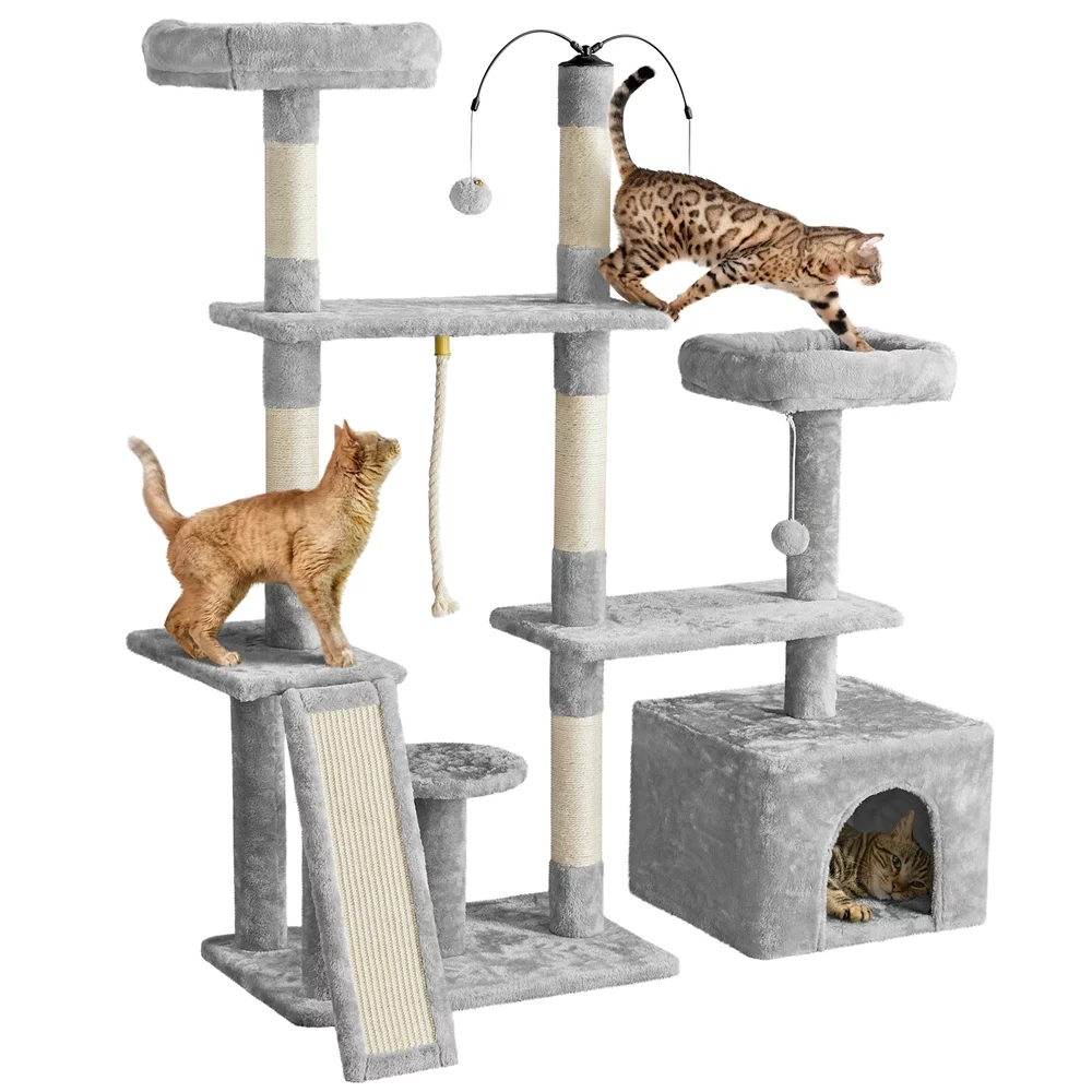 Easyfashion Multilevel Plush Cat Tree with Dangling Balls for Cats and Kittens, Light Gray