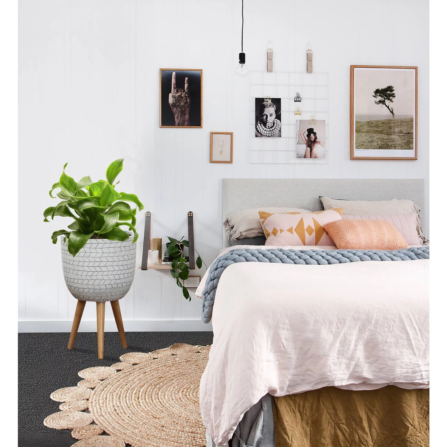 LuxenHome White Cube Design 14.6 in. Round MgO Planter with Wood Legs