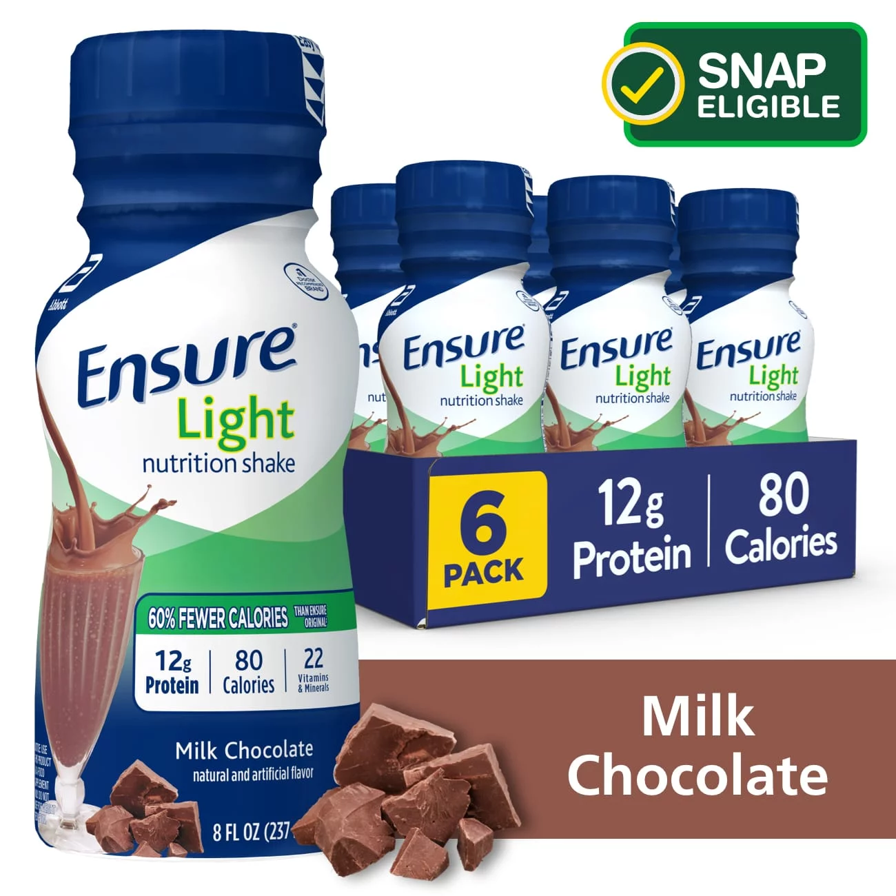 Ensure Light Nutrition Shake, 12g of high-quality protein, 0g Sugar, 2g Fat, Milk Chocolate, 8 fl oz, 6 Count