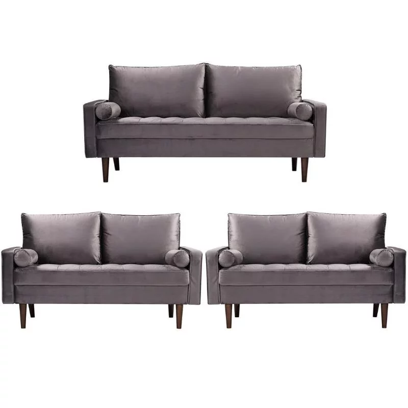 Home Square Genoa 3 Piece Set with Velvet Living Room Sofa & 2-Loveseat in Gray