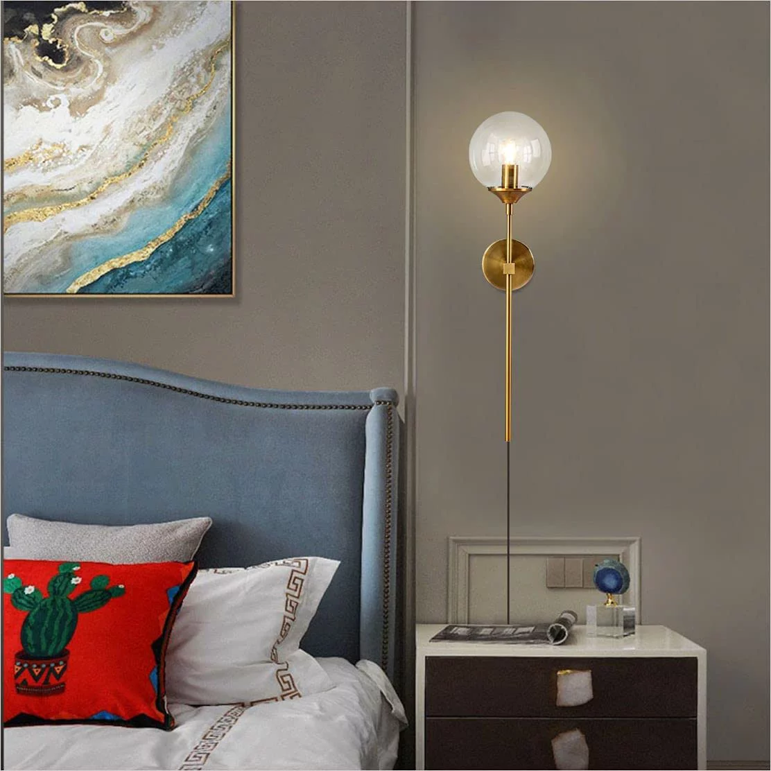 YANRUI Modern Long Globe Plug in Wall Sconce Lighting Set of 2 Mid Century Brass Gold Wall Sconce Light Plug in Set of Two Clear Glass Bathroom Bedroom Wall Lamp (Clear-Plug in)