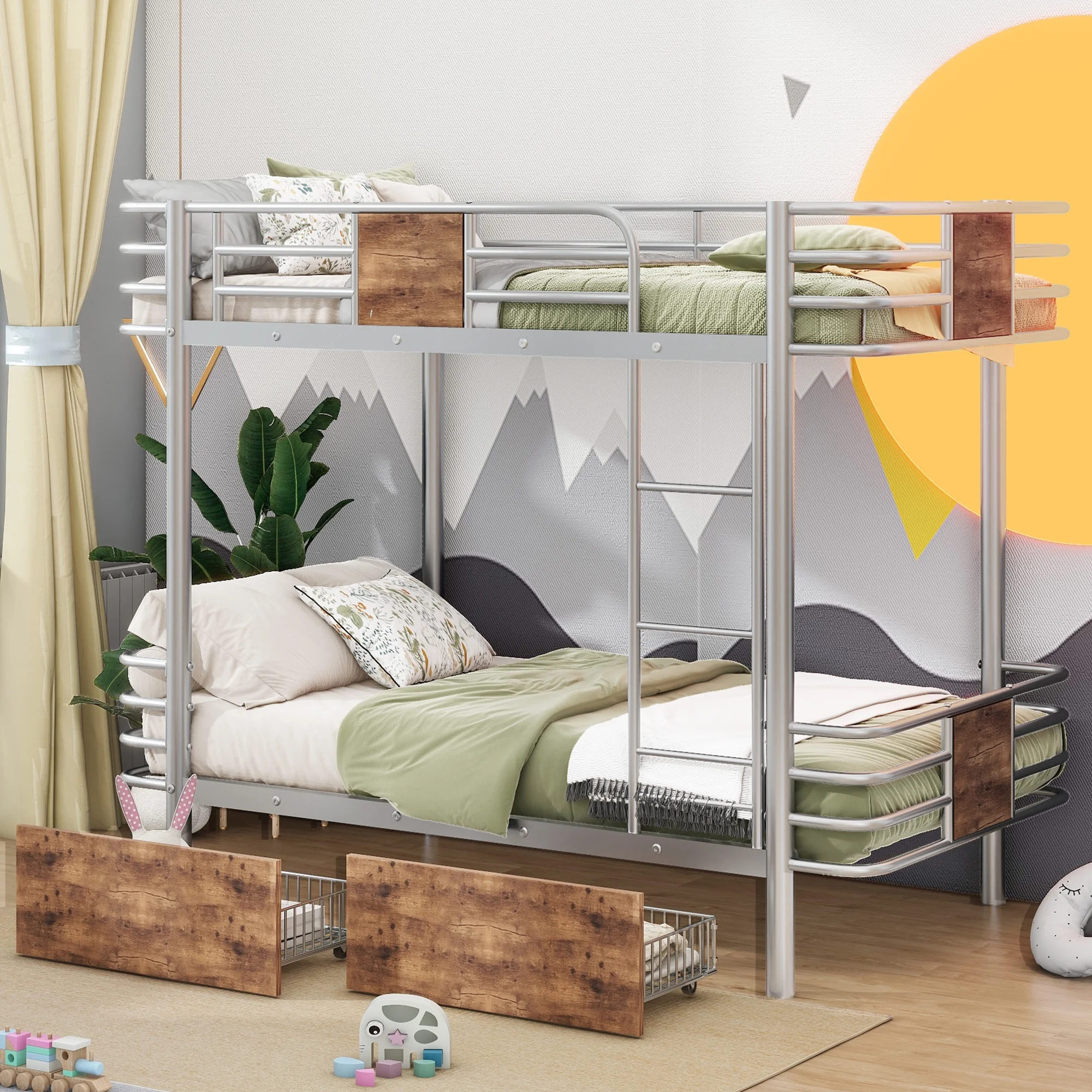 Euroco Metal Twin XL over Twin XL Bunk Bed with Storage Drawers, Silver