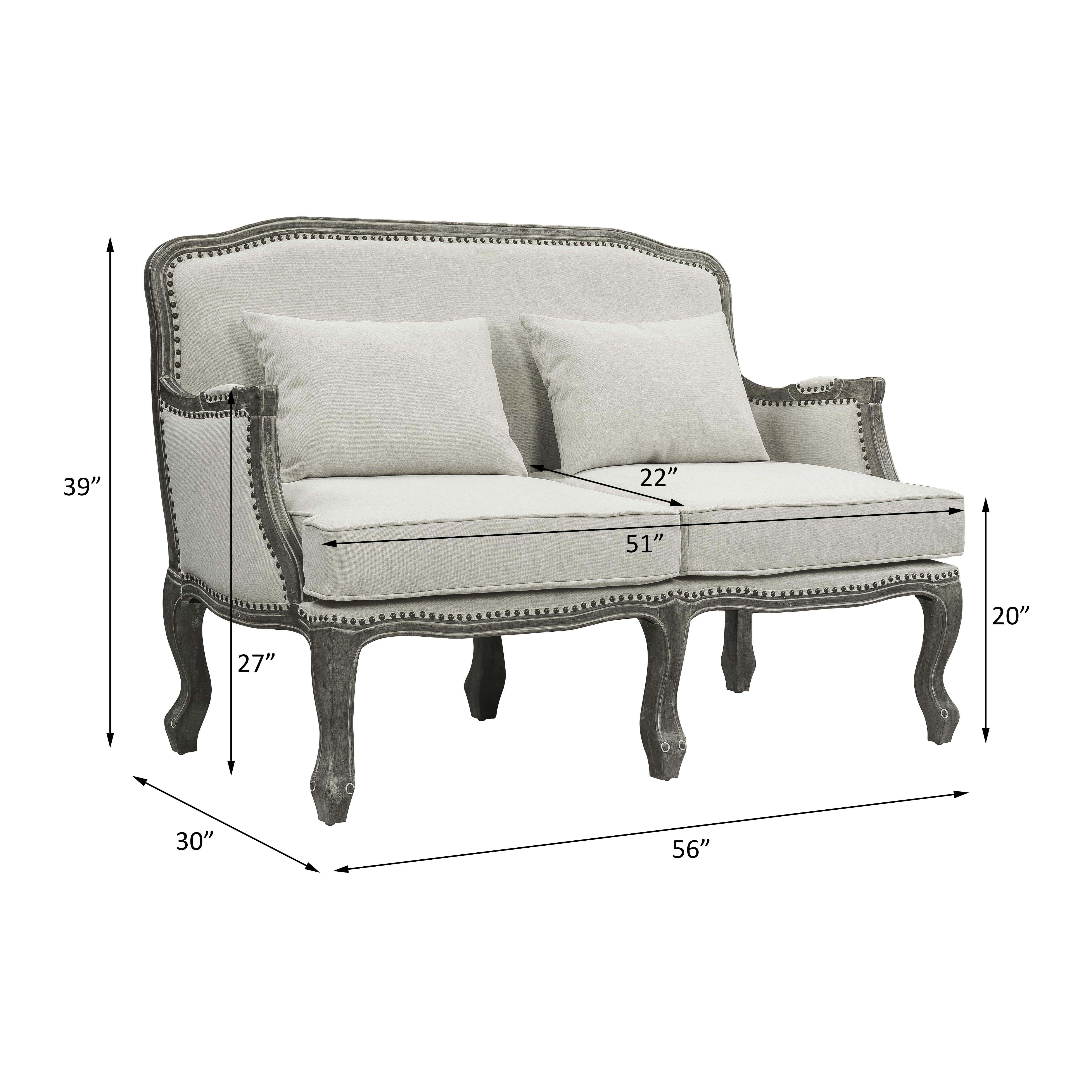 ACME Tania Upholstery Loveseat with 2 Pillows in Cream Linen Fabric and Brown